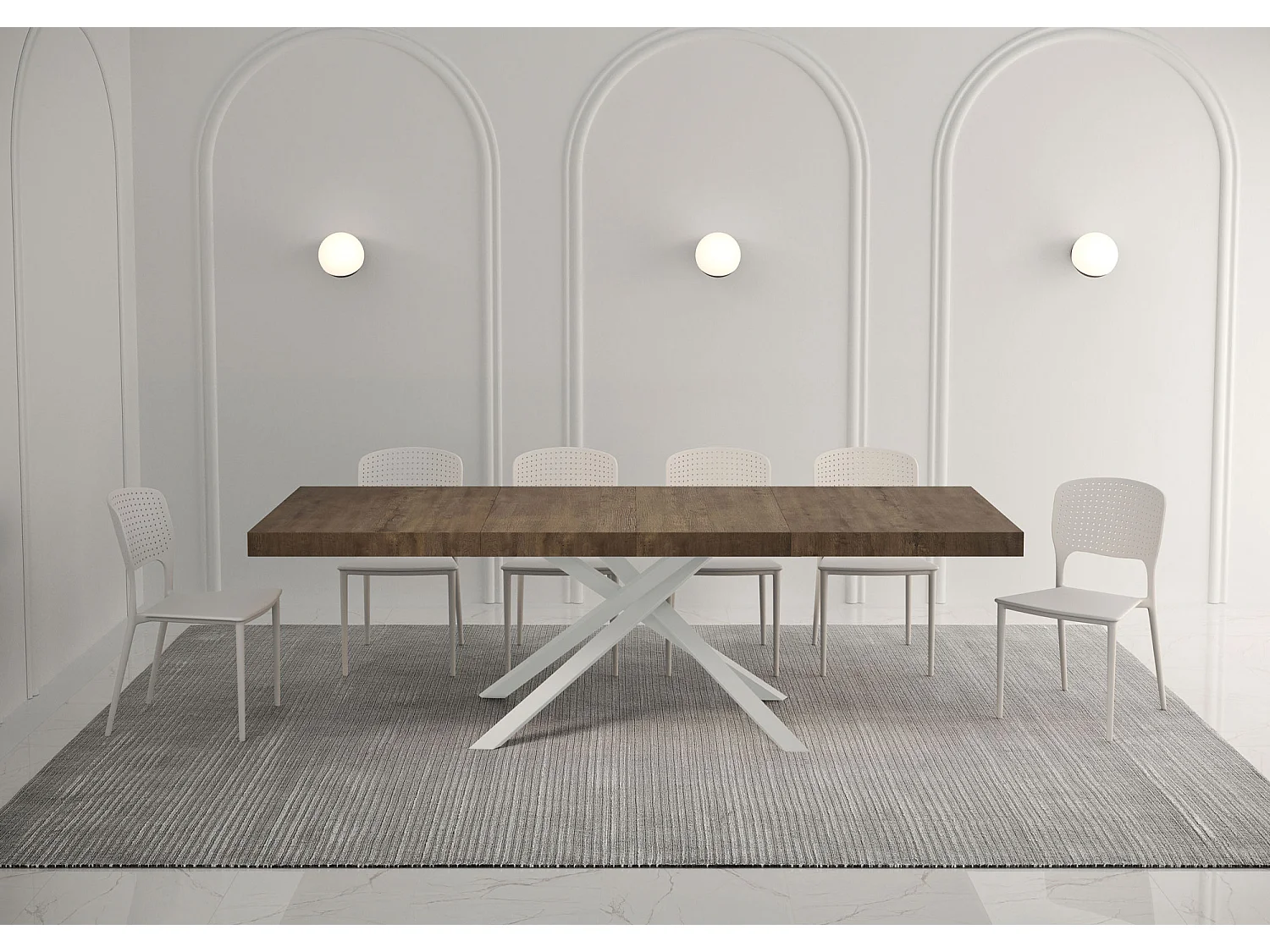 Table extensible 160/264x90 cm Karida Premium noyer pieds blancs