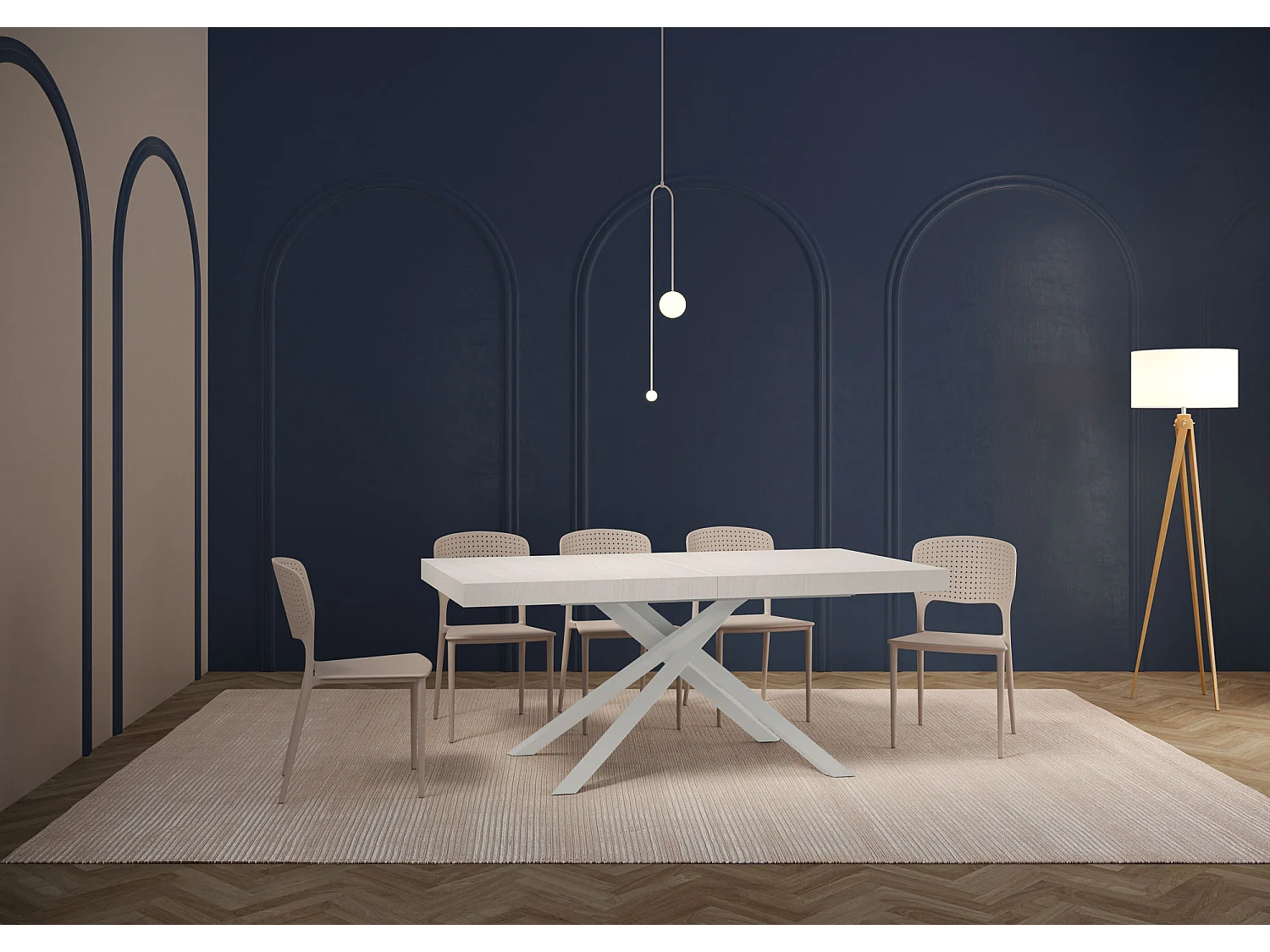 Table extensible 160/264x90 cm Karida frêne blanc pieds blancs