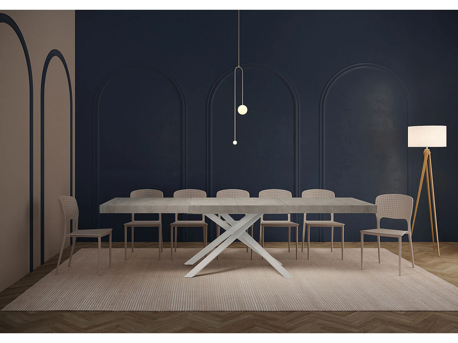 Table extensible 180/284x90 cm Karida Premium gris béton pieds blancs