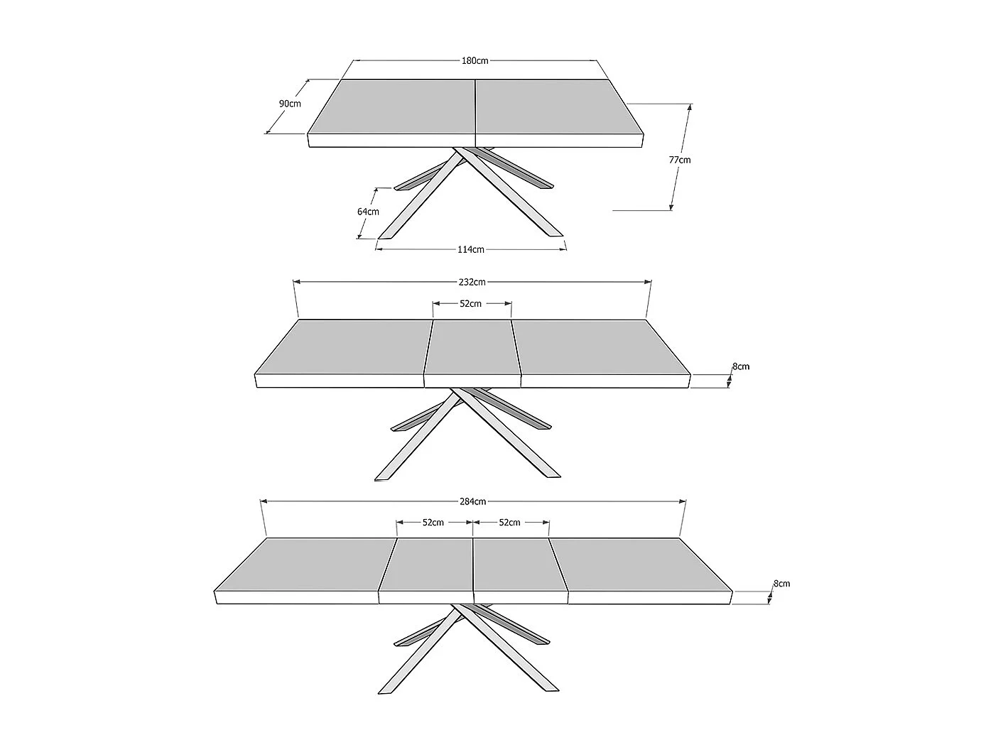 Table extensible 180/284x90 cm Karida Premium gris béton pieds blancs