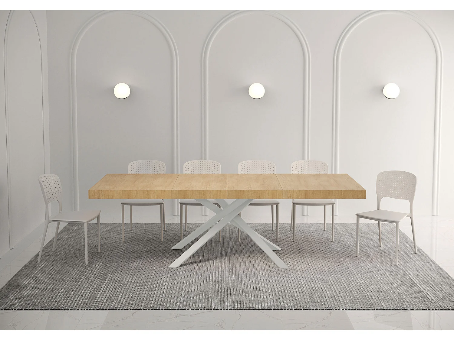 Table extensible 160/264x90 cm Karida Premium chêne nature pieds blancs