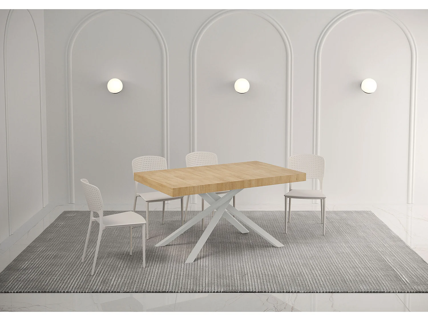 Table extensible 160/264x90 cm Karida Premium chêne nature pieds blancs