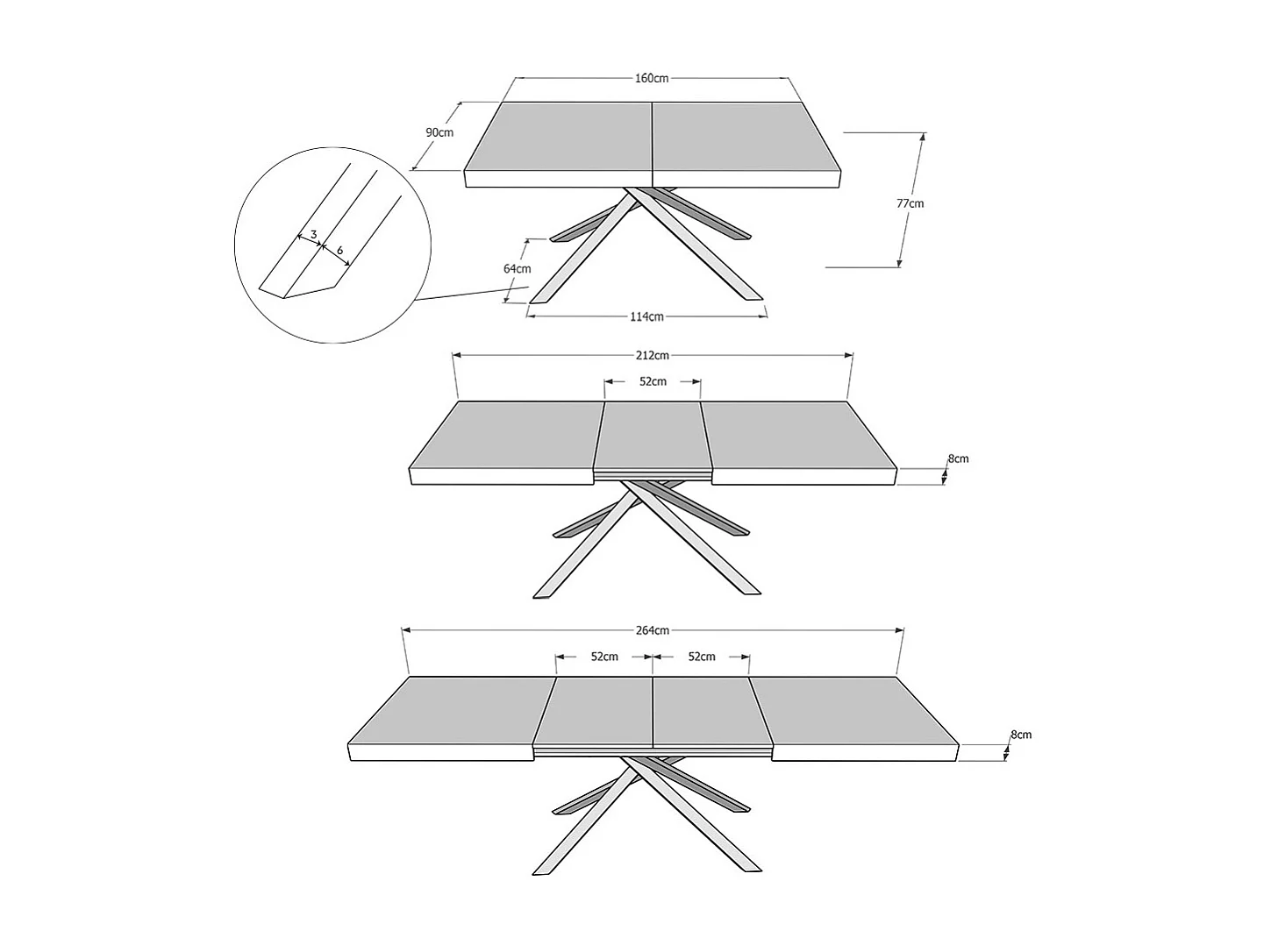 Table extensible 90x160/264 cm Karida chêne nature pieds blanc