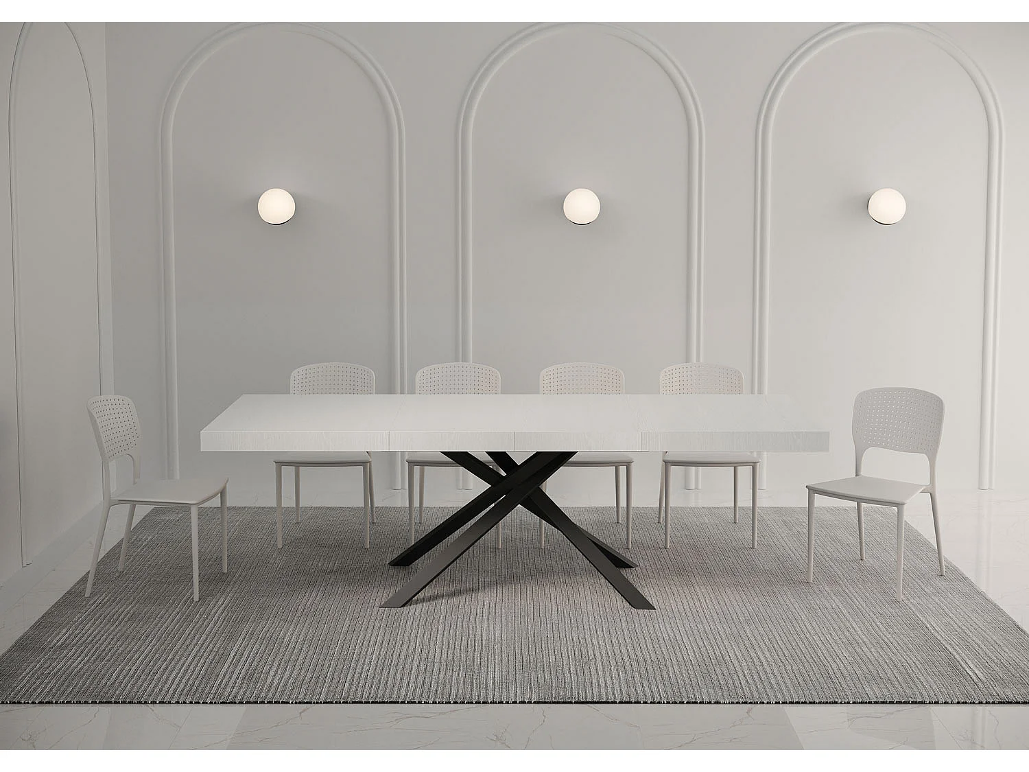 Table extensible 160/264x90 cm Karida Premium frêne blanc pieds anthracite