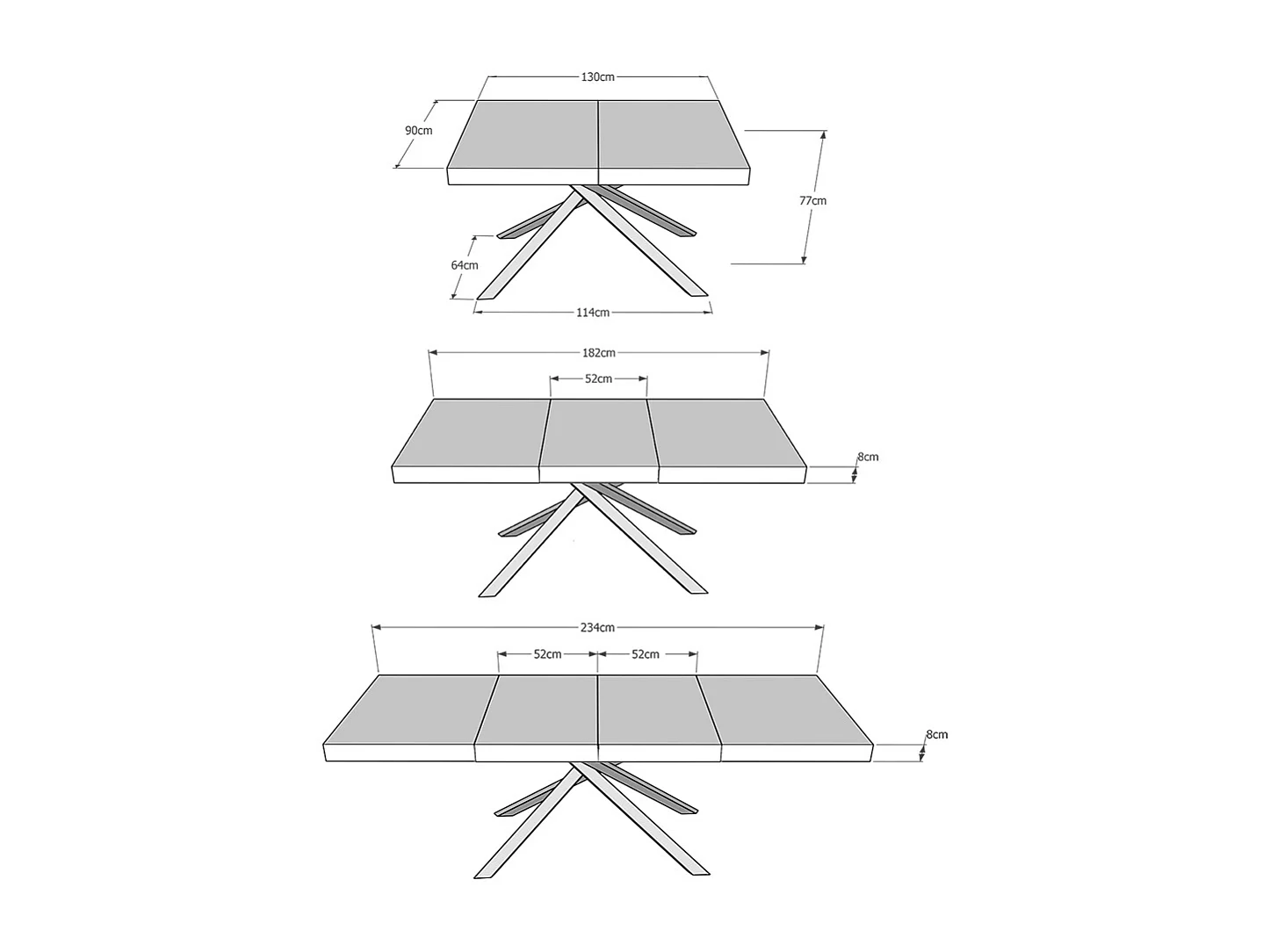 Table extensible 130/234x90 cm Karida Premium gris béton pieds blancs