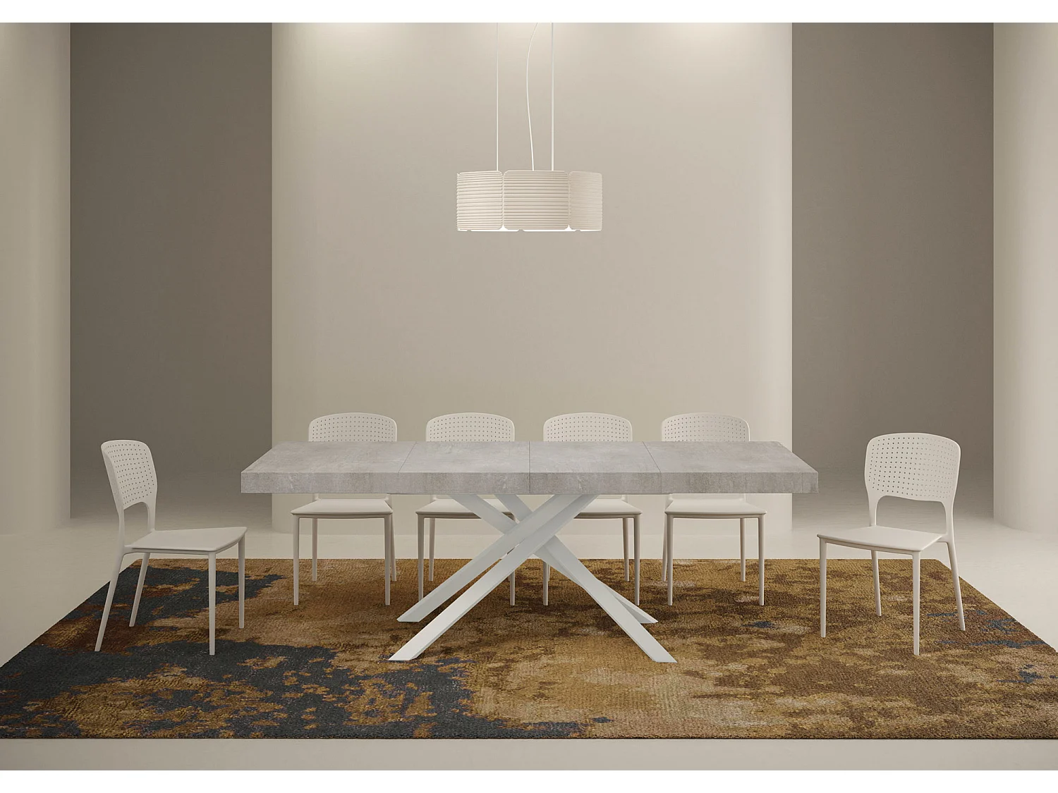 Table extensible 130/234x90 cm Karida Premium gris béton pieds blancs