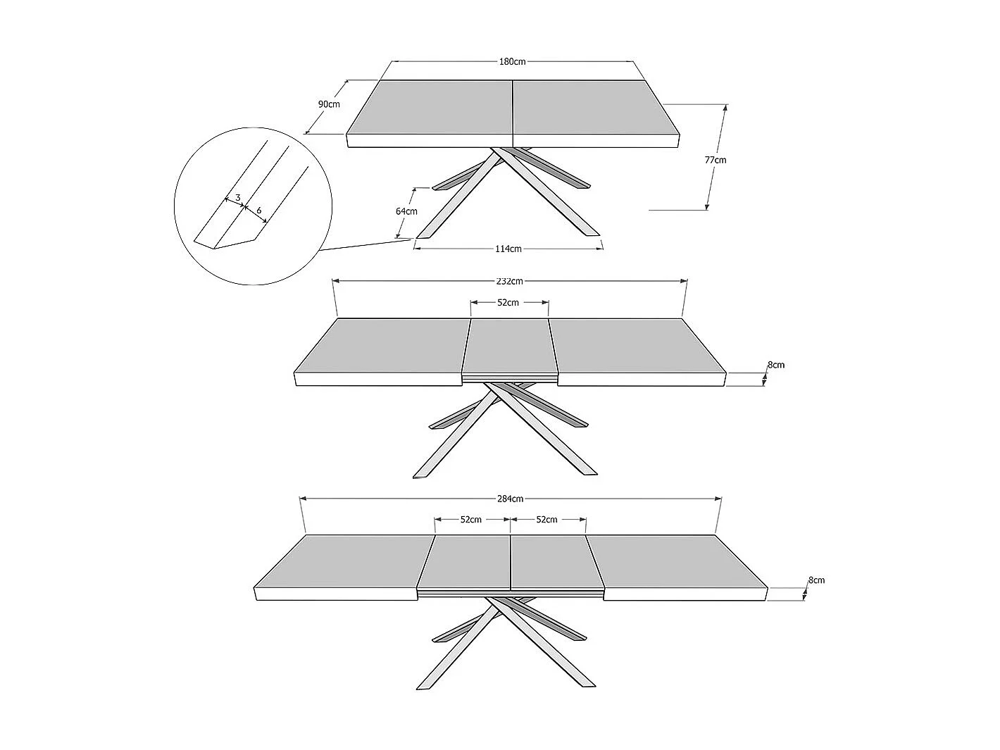 Mesa de jantar extensível 90x180/284 cm Karida cinza branca pernas antracite