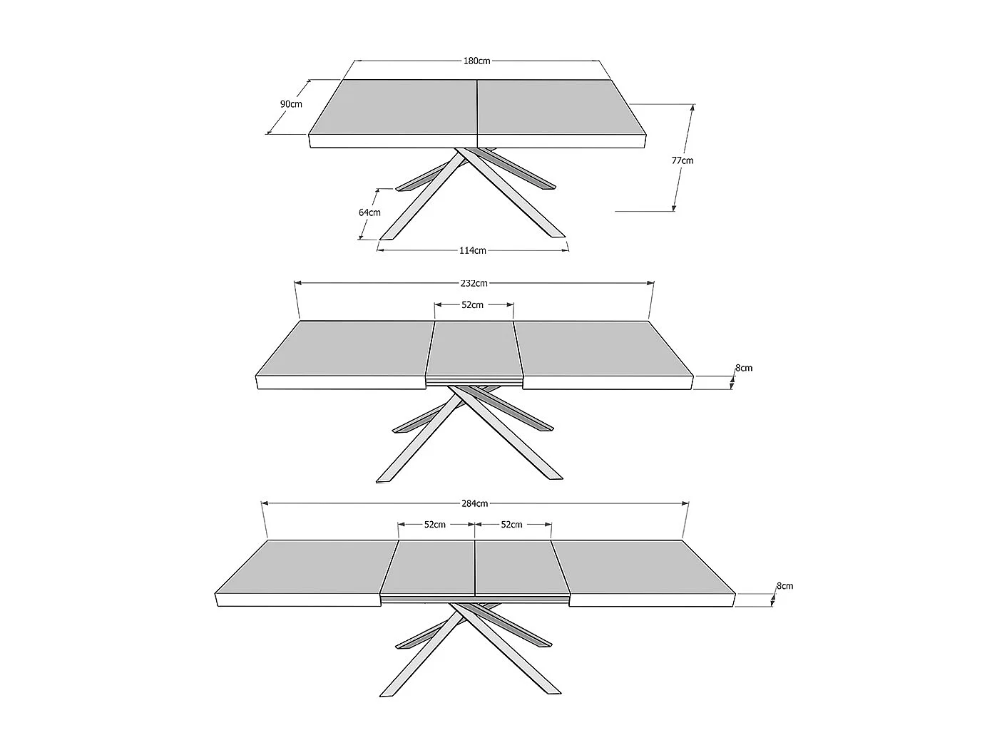 Uitschuifbare tafel 180/284x90 cm Karida Evolution eiken wit met antraciet frame en poten