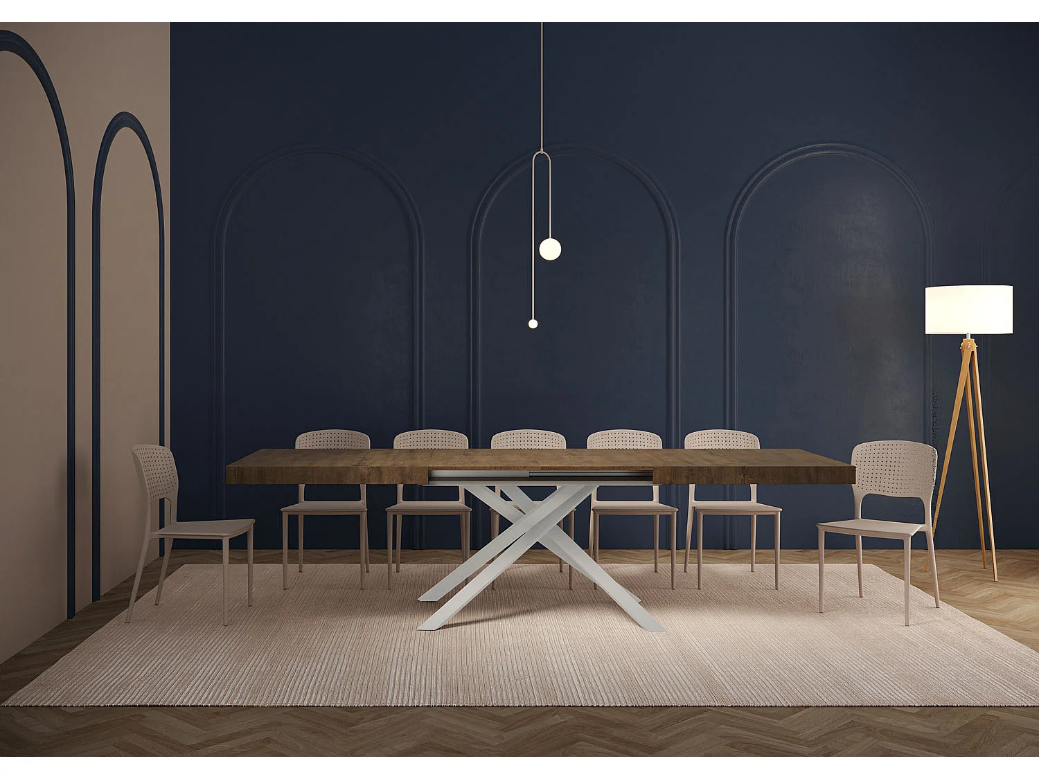 Table extensible 180/440x90 cm Karida noyer pieds blancs