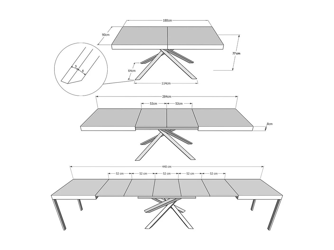 Table extensible 90x180/440 cm Karida gris béton pieds blanc