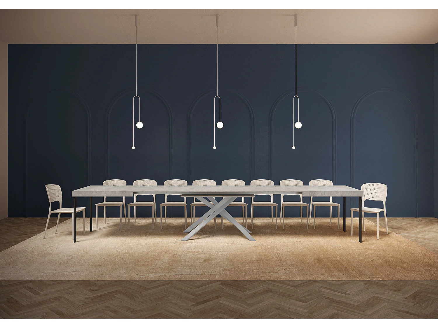 Tavolo allungabile 180/440x90 cm Karida cemento gambe bianche