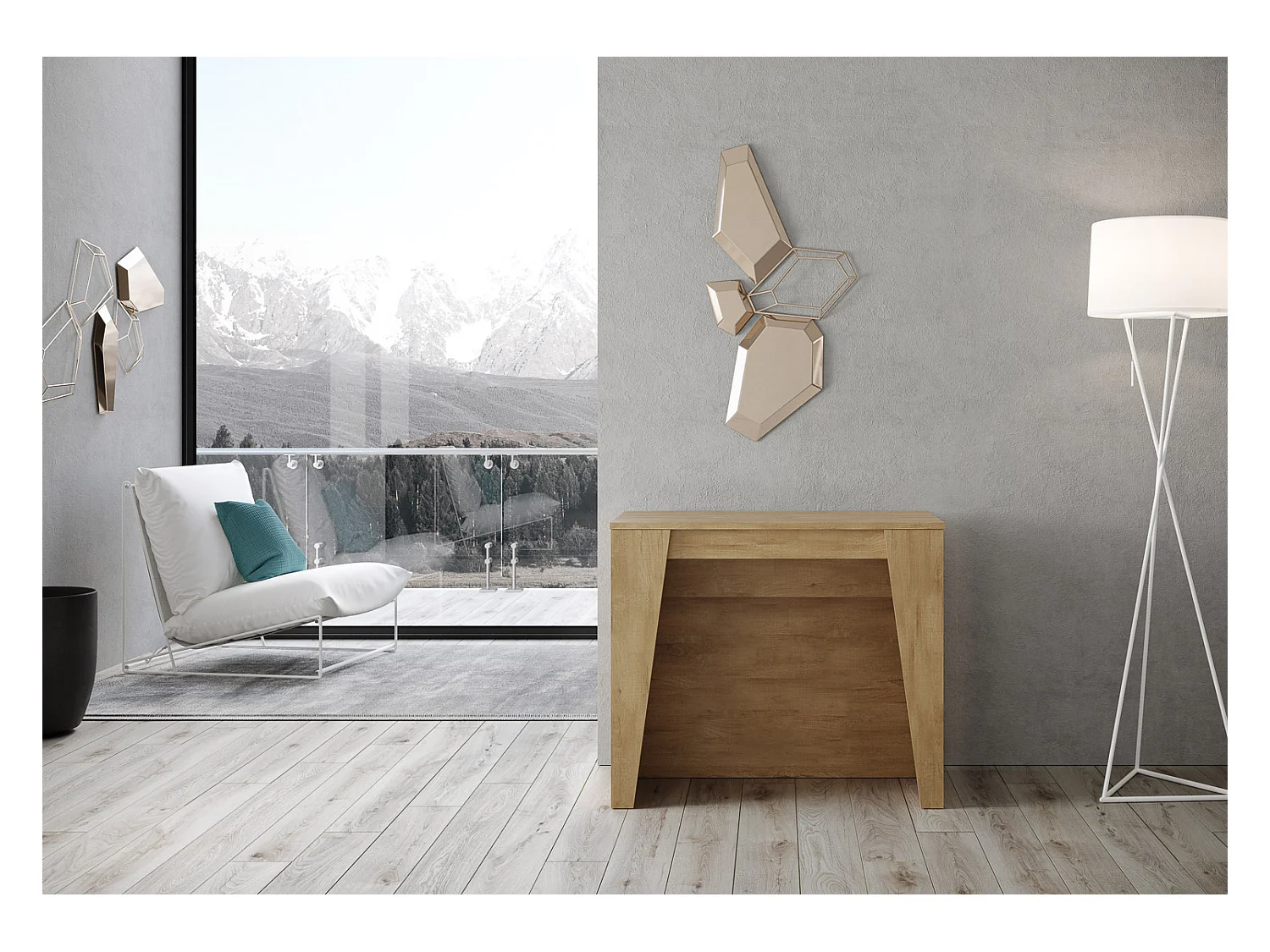 Console extensible 90x48/296 cm Bakari chêne nature rallonges internes