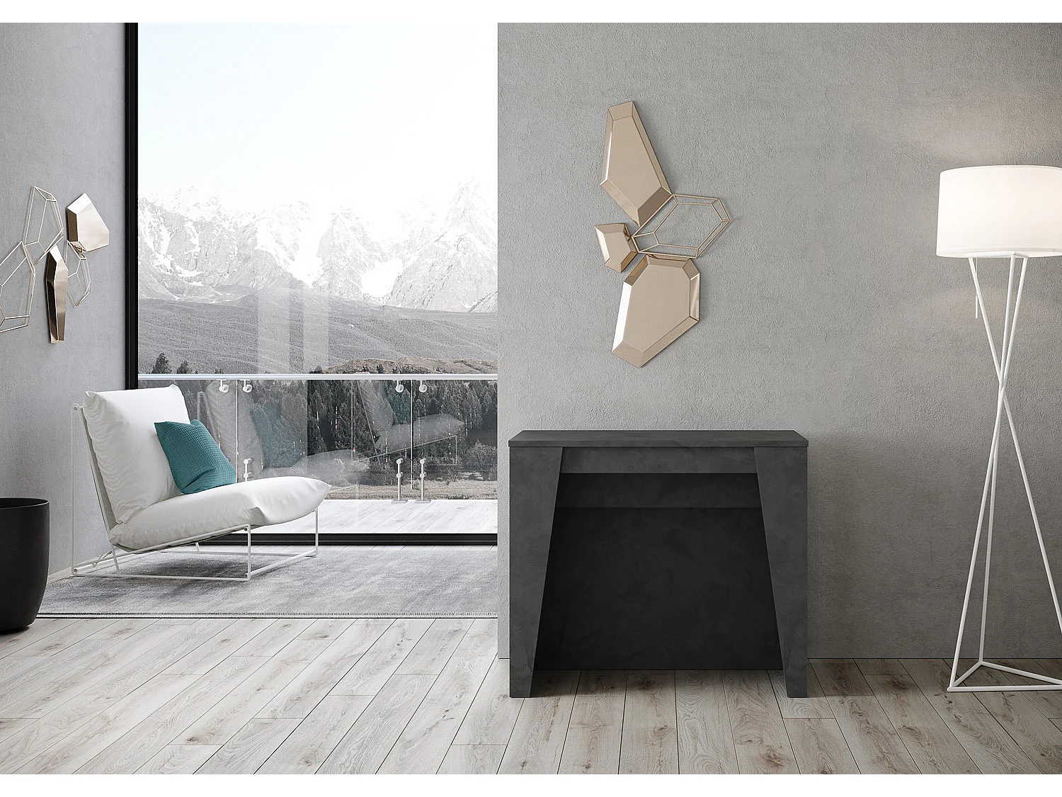 Mesa consola extensível 90x48/296 cm Bakari antracite espatulado extensões internas