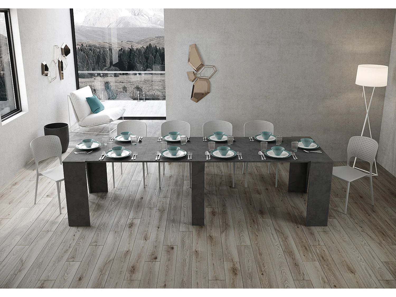 Mesa consola extensível 90x48/296 cm Bakari antracite espatulado extensões internas