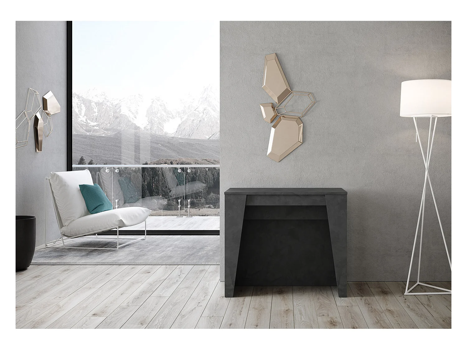 Console extensible 90x48/296 cm Bakari anthracite spatulé rallonges internes