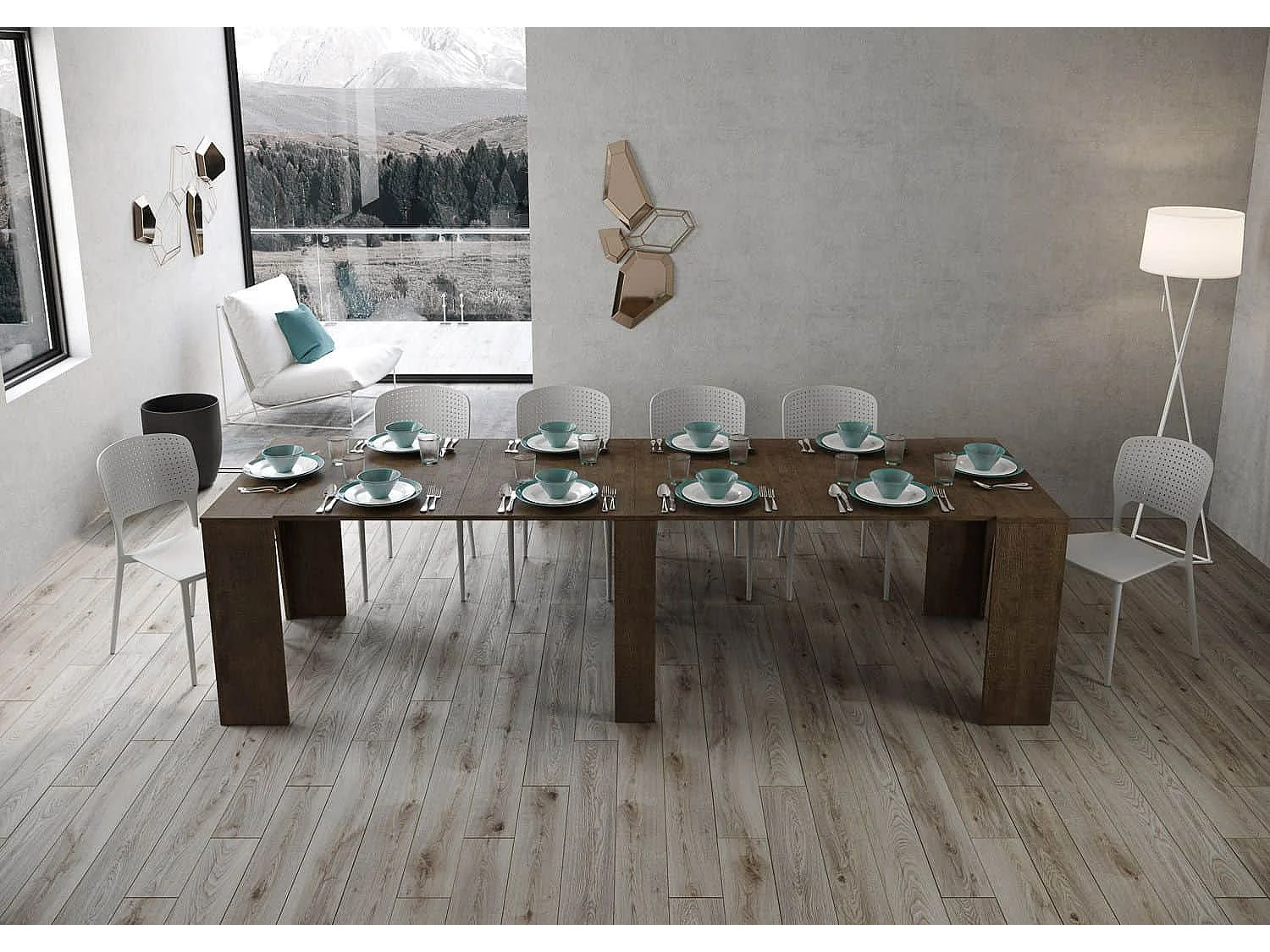 Mesa consola extensível 90x48/296 cm Bakari nogueira extensões internas