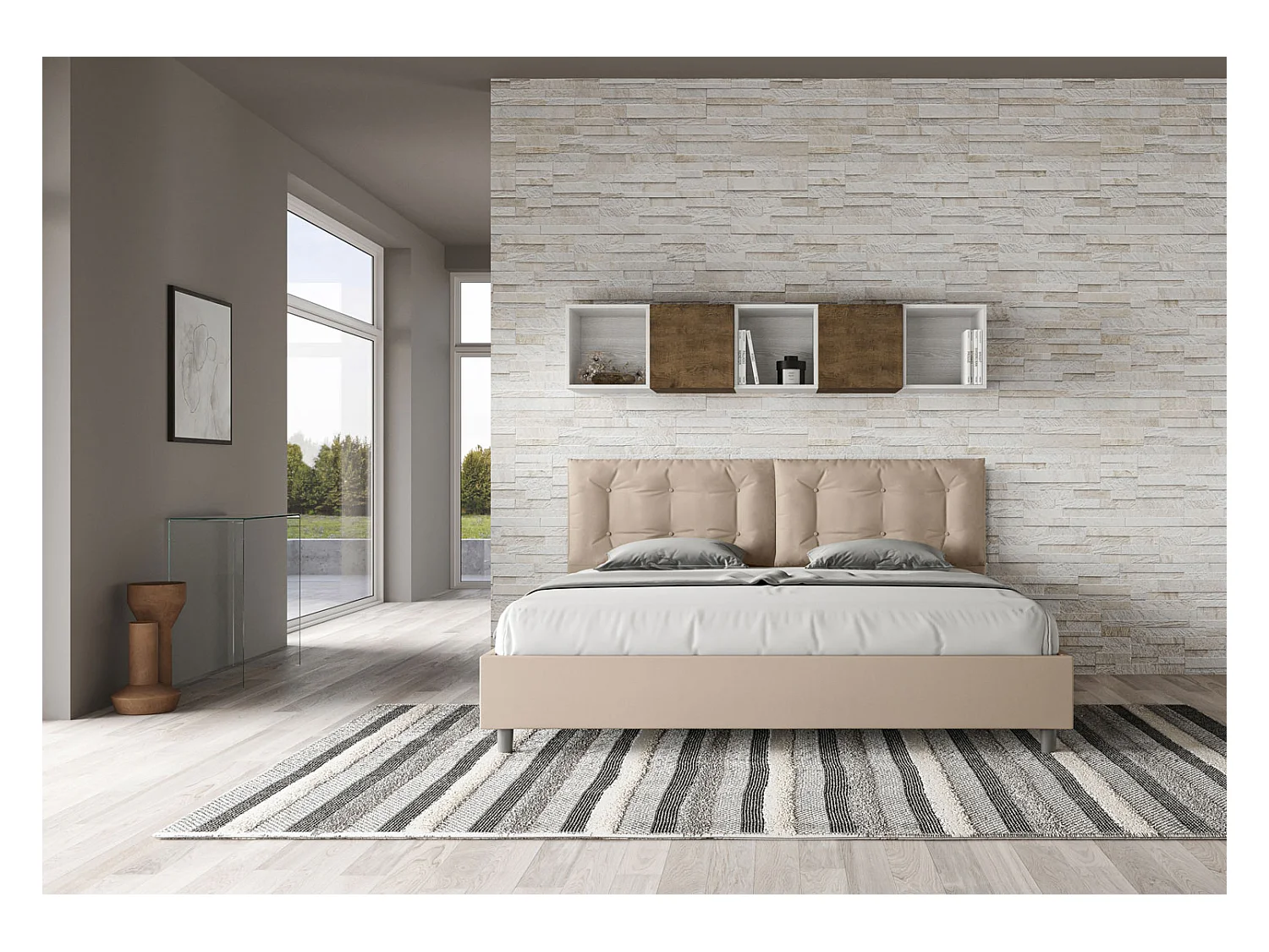 Cama matrimonial con almacenaje acolchada 200x210 cuero sintético gris paloma Annalisa Large