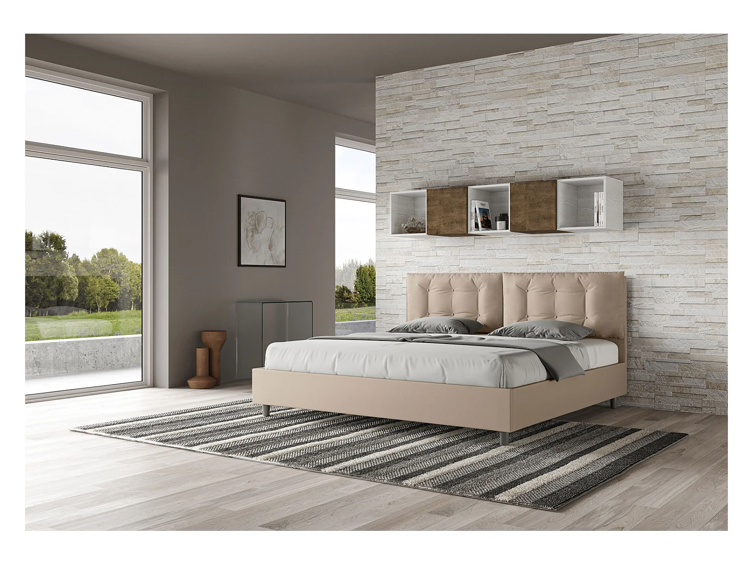 Cama matrimonial con almacenaje acolchada 200x210 cuero sintético gris paloma Annalisa Large