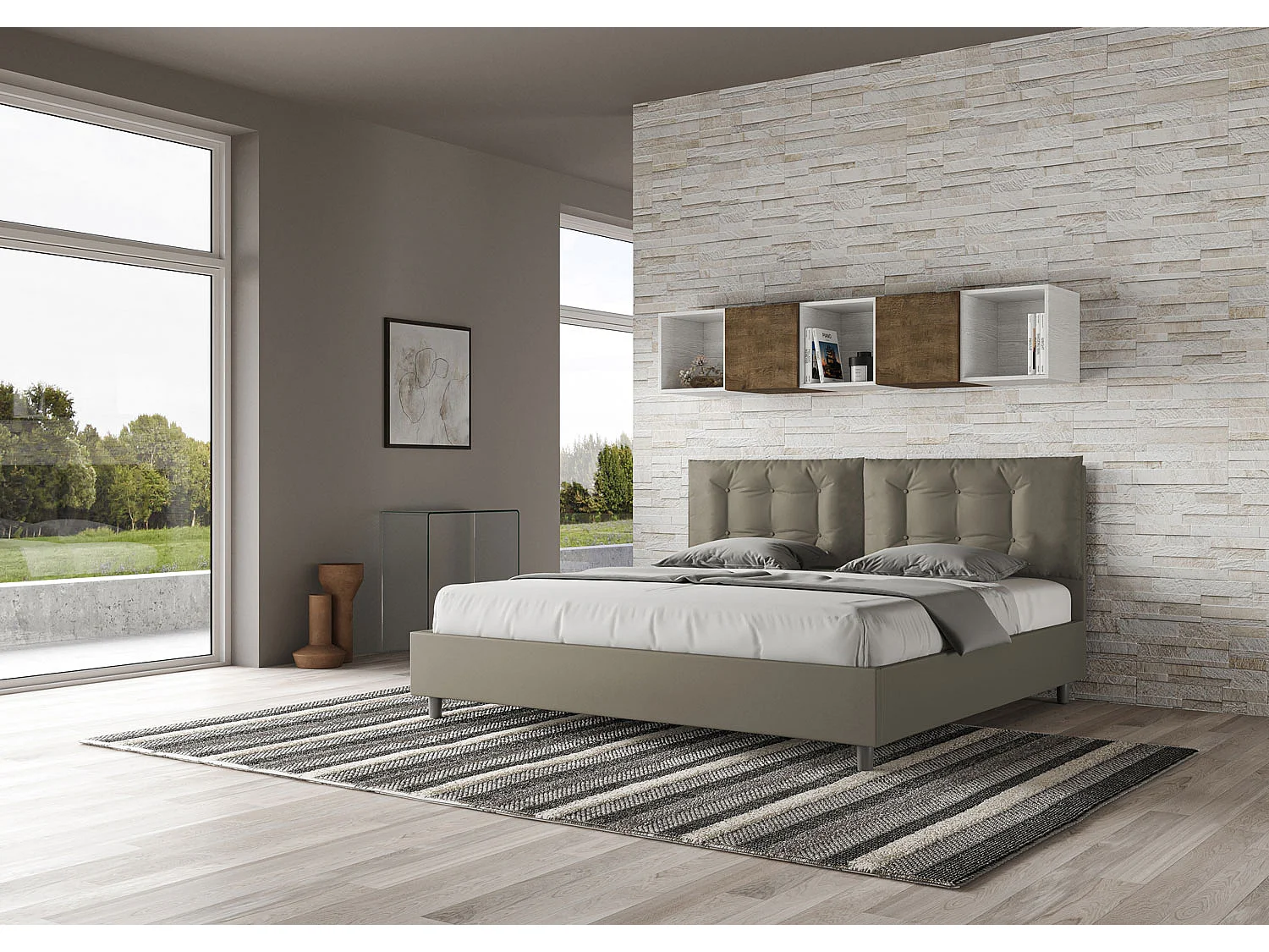 Lit king size coffre rembourré 200x200 similicuir cappuccino Annalisa Large