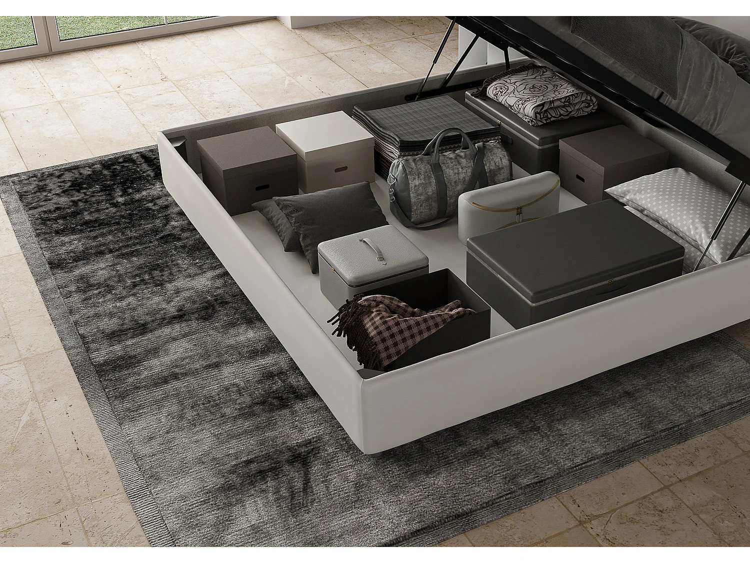 Lit king size coffre rembourré 200x200 similicuir blanc Appia Large