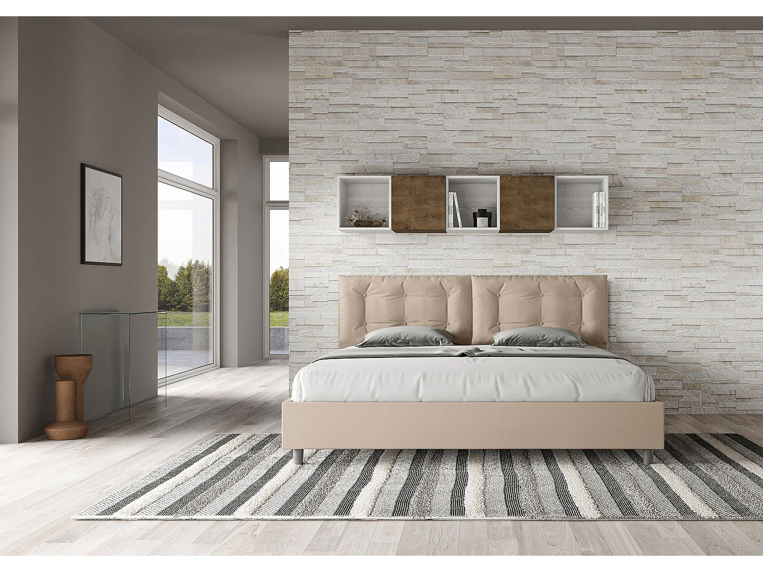 Lit king size coffre rembourré 200x200 similicuir taupe Annalisa Large