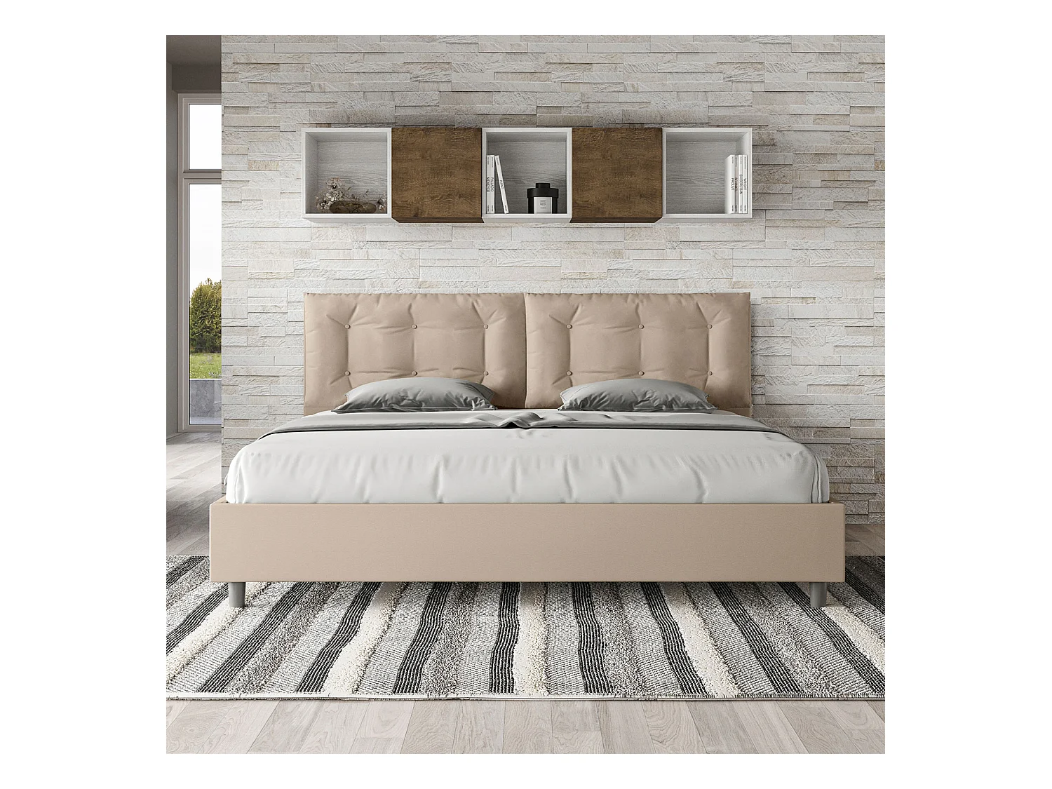 Cama matrimonial con almacenaje acolchada 200x200 cuero sintético gris paloma Annalisa Large