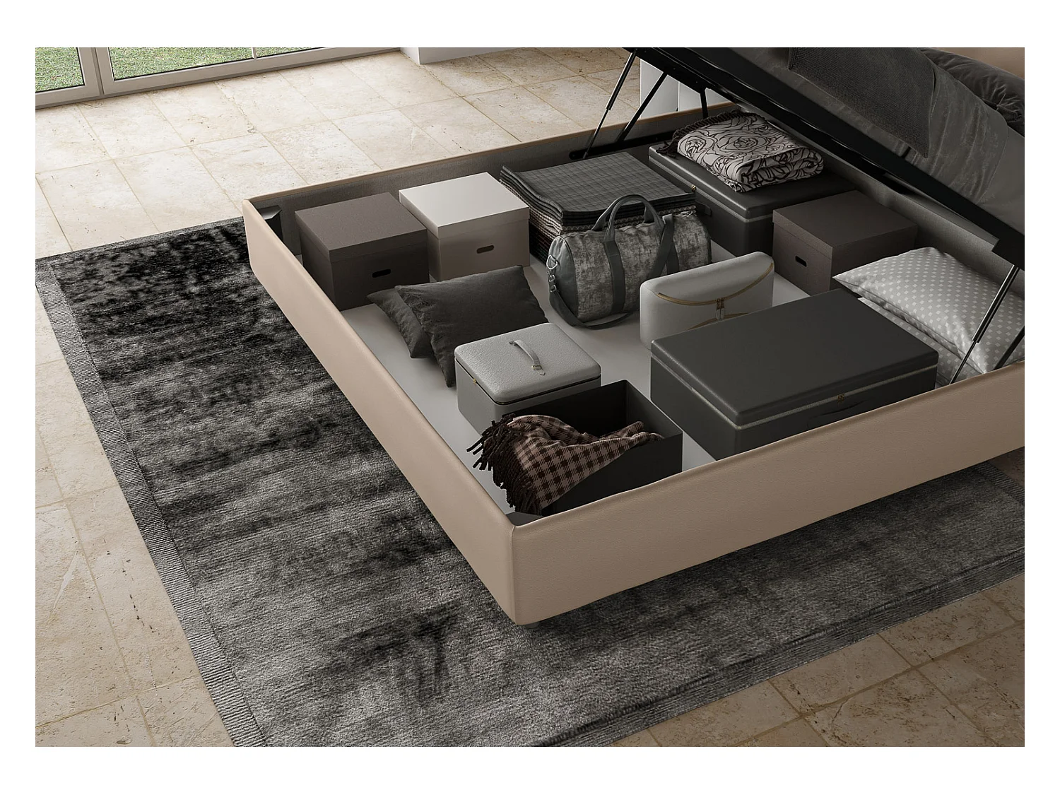 Cama matrimonial con almacenaje acolchada 200x200 cuero sintético gris paloma Annalisa Large