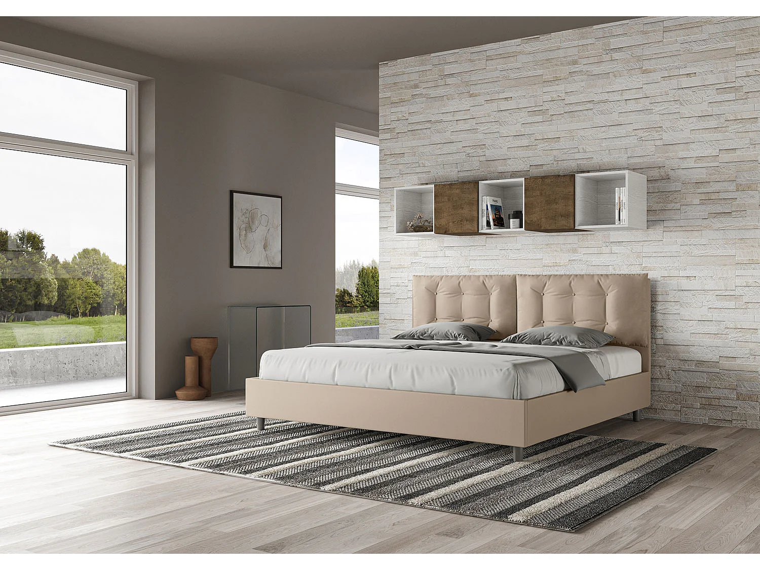 Lit king size coffre rembourré 200x200 similicuir taupe Annalisa Large