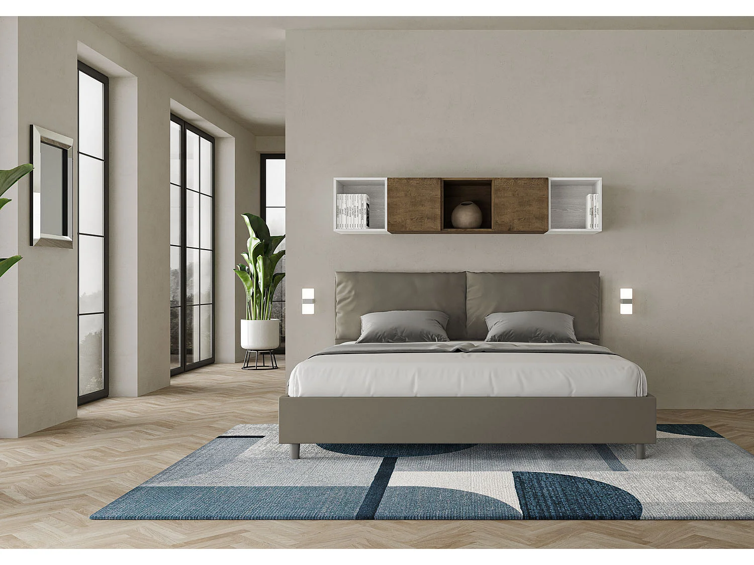 Cama matrimonial con almacenaje acolchada 200x210 cuero sintético capuchino Antea Large