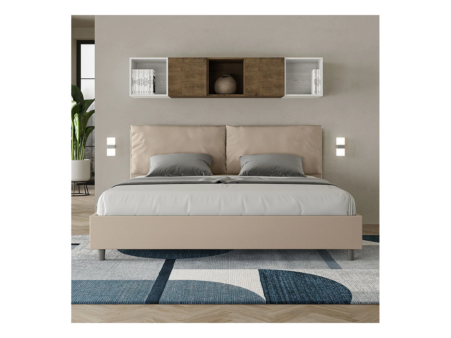 Lit king size coffre rembourré 200x210 similicuir taupe Antea Large