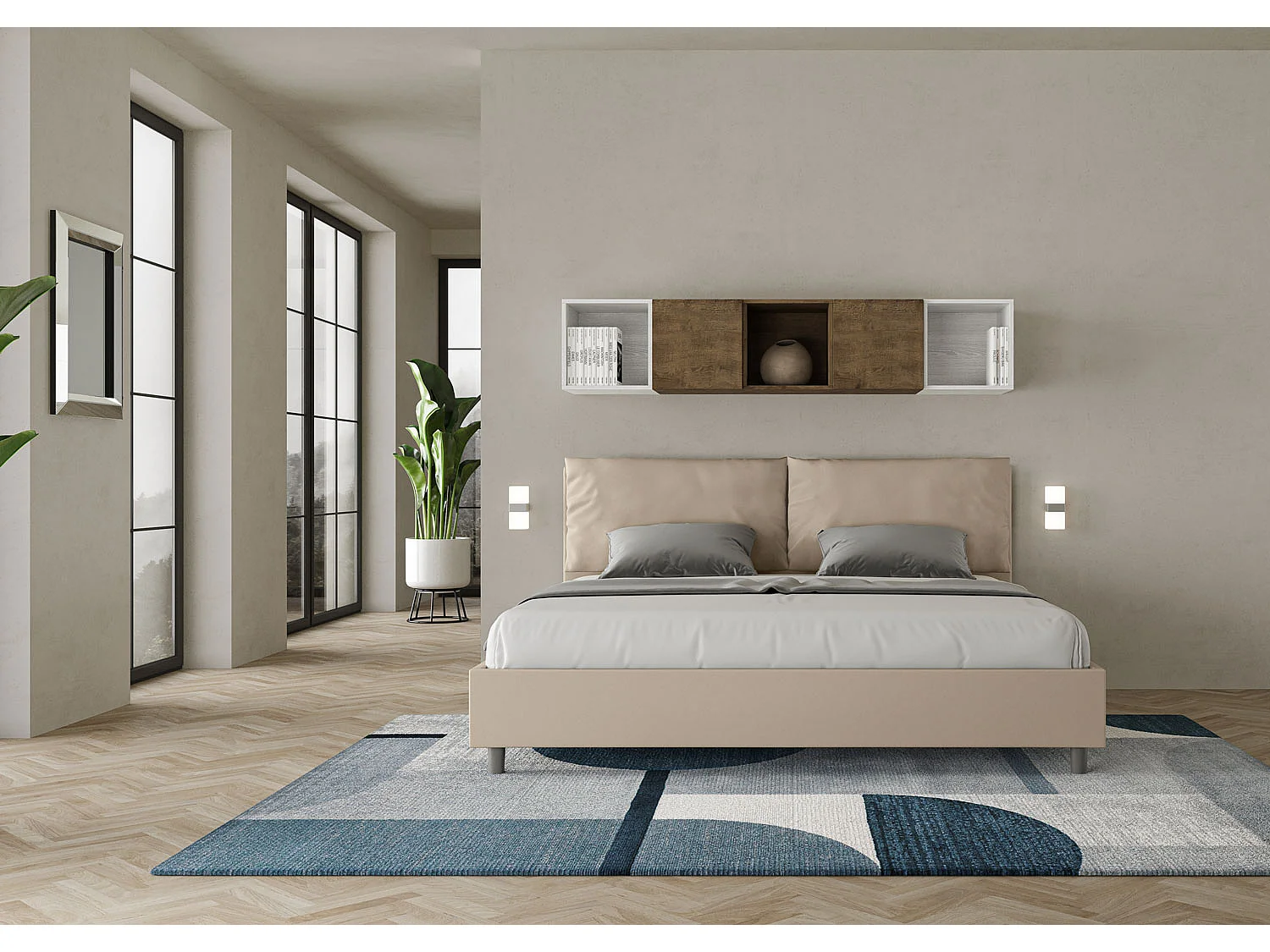 Lit king size coffre rembourré 200x200 similicuir taupe Antea Large