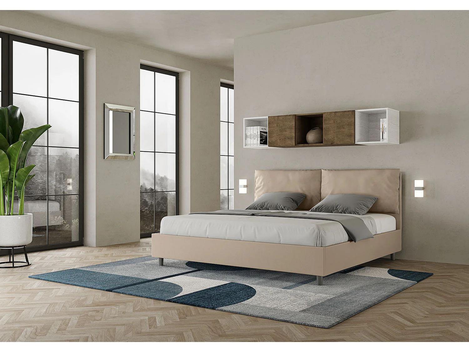 Lit king size coffre rembourré 200x200 similicuir taupe Antea Large