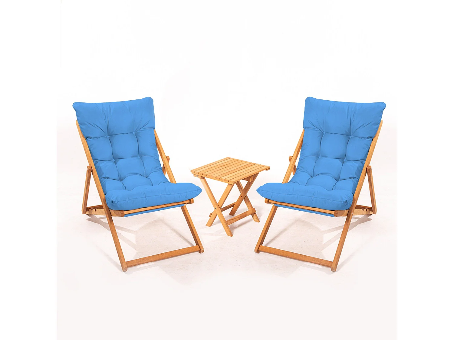 Ensemble 2 chaise de jardin et 1 table basse Purrault Bois massif clair et Tissu Bleu