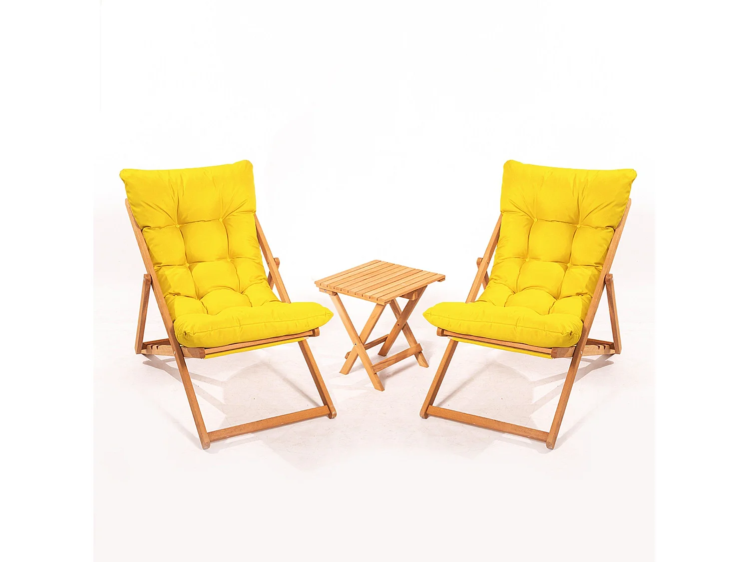 Ensemble 2 chaise de jardin et 1 table basse Purrault Bois massif clair et Tissu Jaune