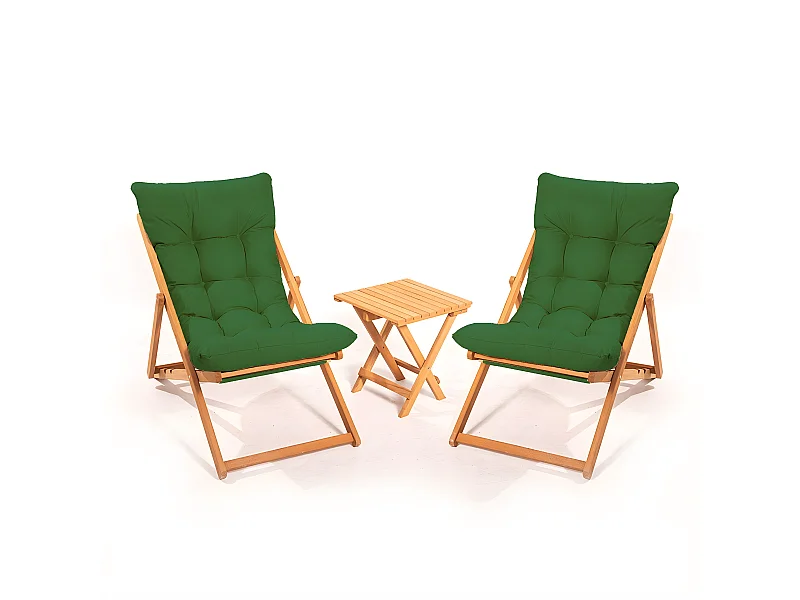 Ensemble 2 chaise de jardin et 1 table basse Purrault Bois massif clair et Tissu Vert