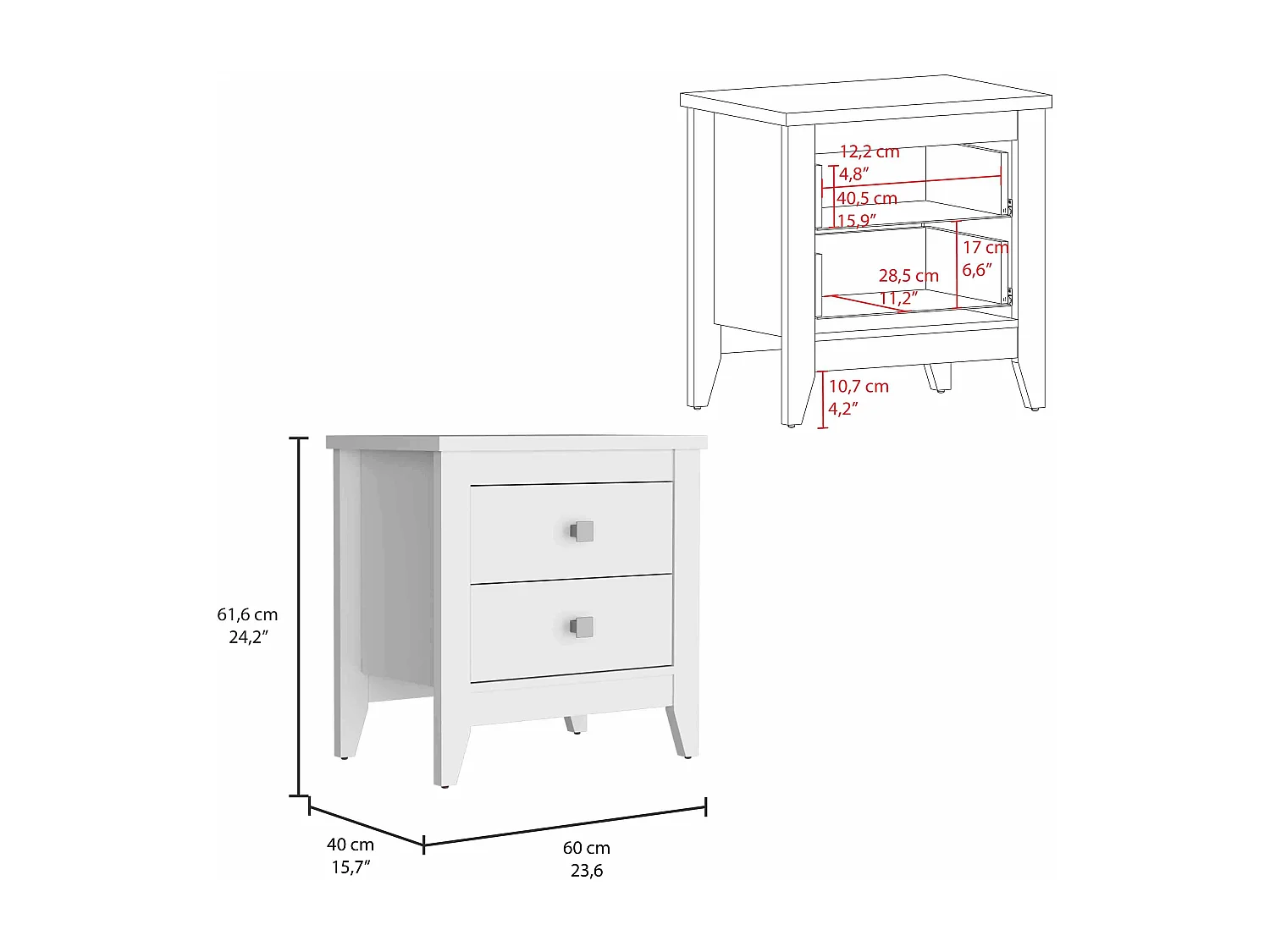 Comodino amara in melamina, con cassetti con guida in metallo , 61.59 cm X 67.61 cm X 39.97 cm , Bianco