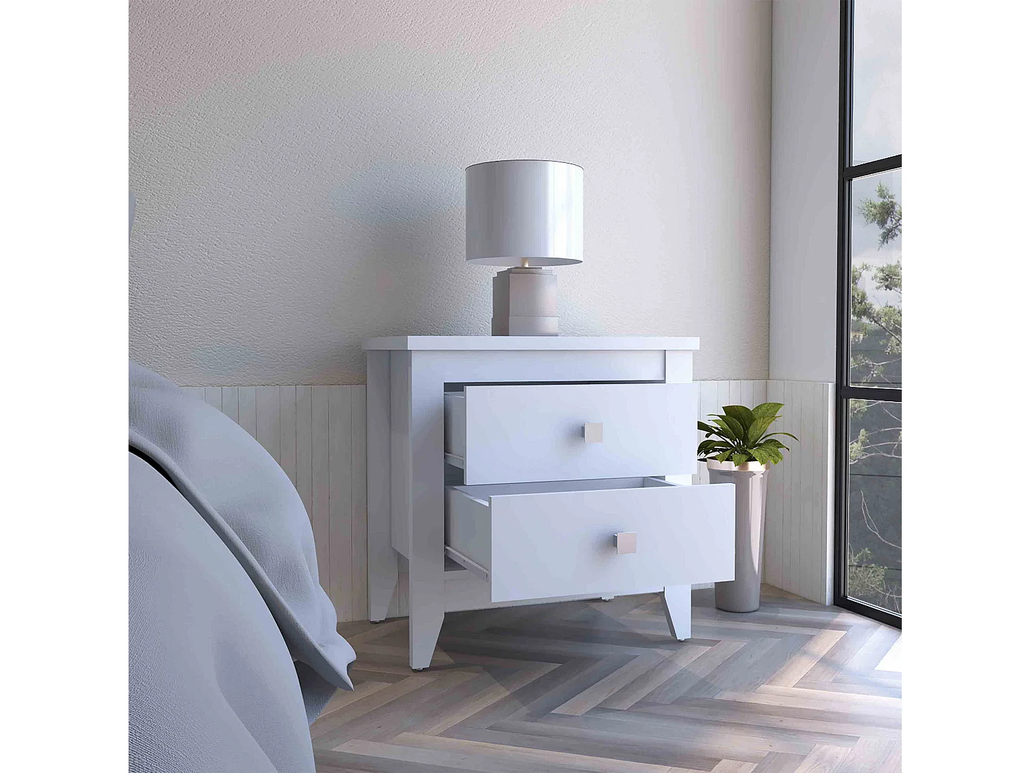 Comodino amara in melamina, con cassetti con guida in metallo , 61.59 cm X 67.61 cm X 39.97 cm , Bianco