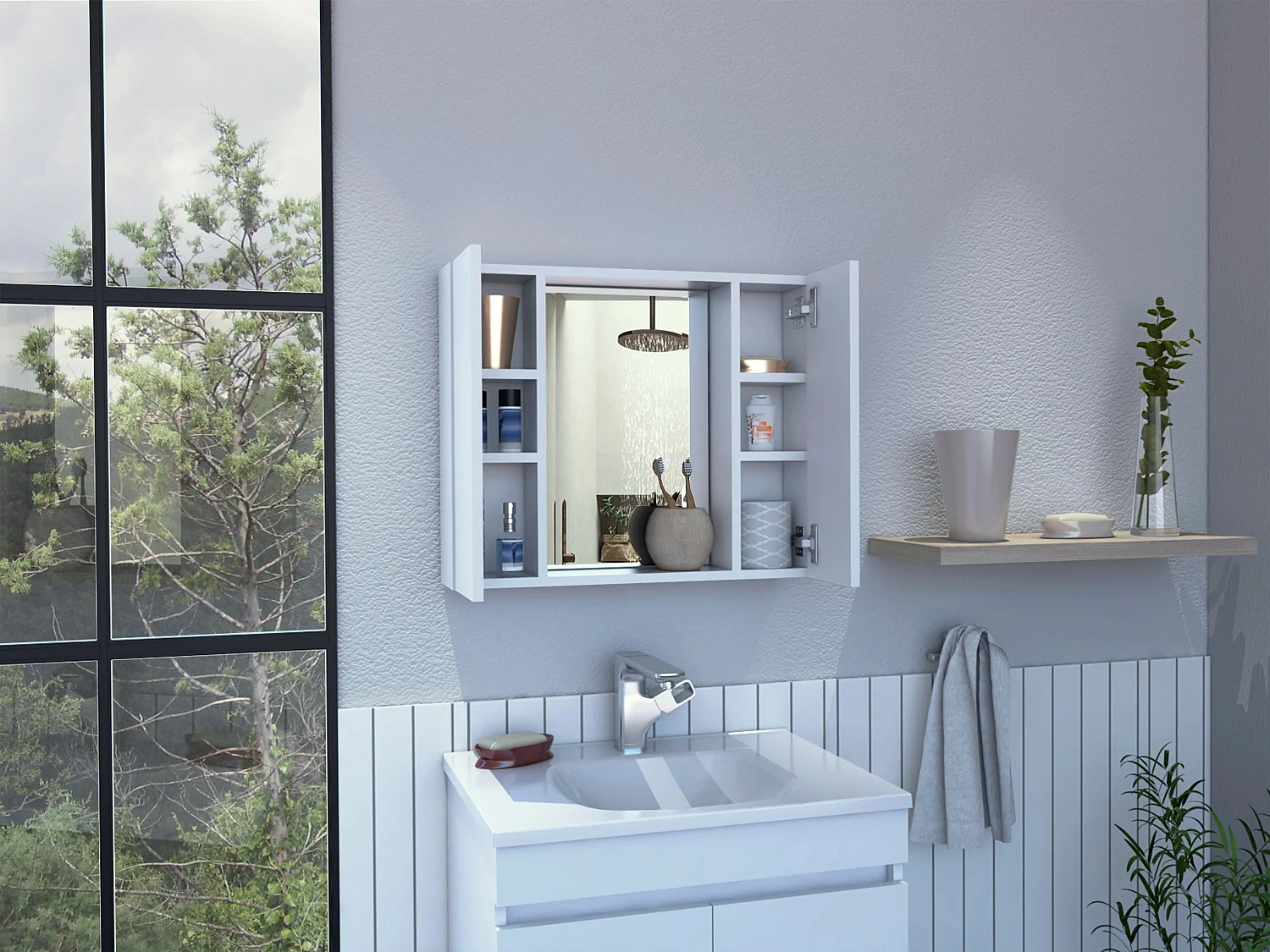 Botiquín Artemisa en Melamina, con 6 estantes interno y dos puertas, con espejo , 49.53 cm  X 59.94 cm  X 13.71 cm  , Blanco