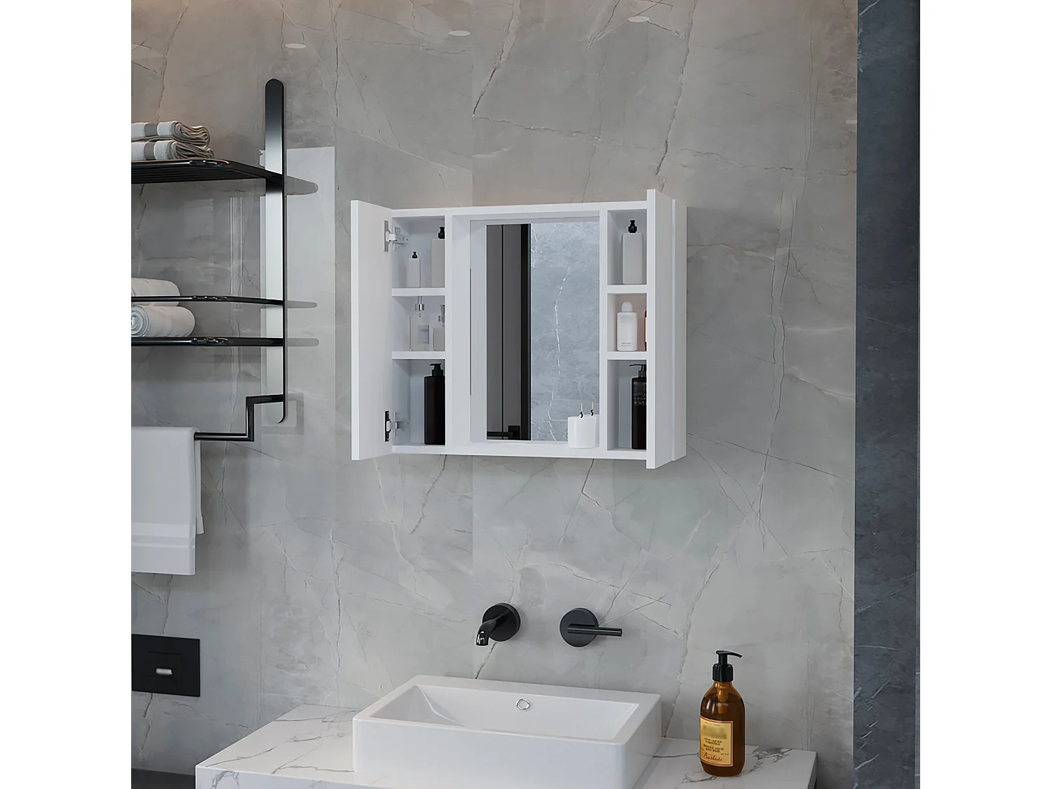 Botiquín Artemisa en Melamina, con 6 estantes interno y dos puertas, con espejo , 49.53 cm  X 59.94 cm  X 13.71 cm  , Blanco