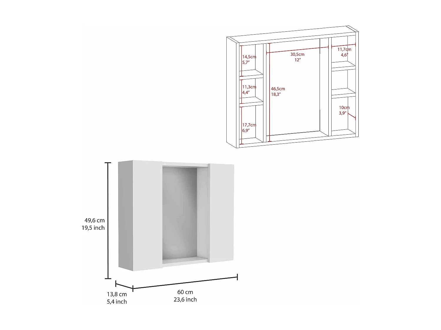 Cassetta di pronto soccorso Artemis in melamina, con 6 ripiani interni e due ante, con specchio, 49.53 cm X 59.94 cm X 13.71 cm, Bianco