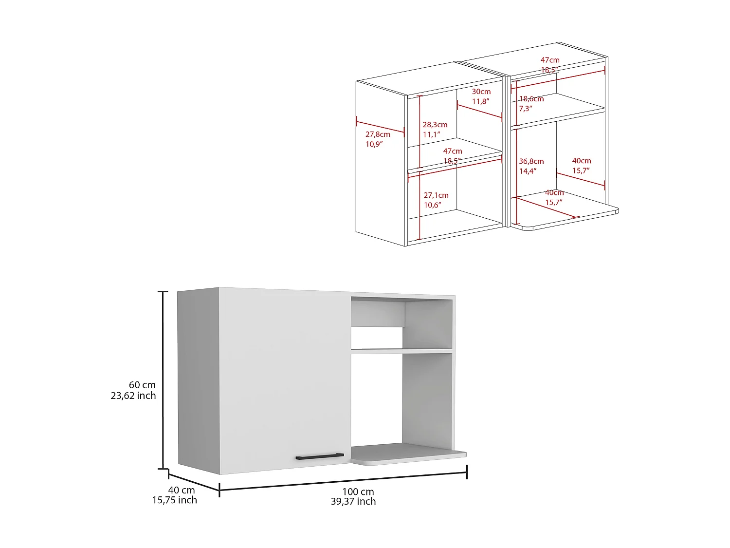 Armoire murale en mélamine Napoles, 2 étagères de rangement ouvertes, une porte, 60 cm X 100 cm X 40 cm , Blanc