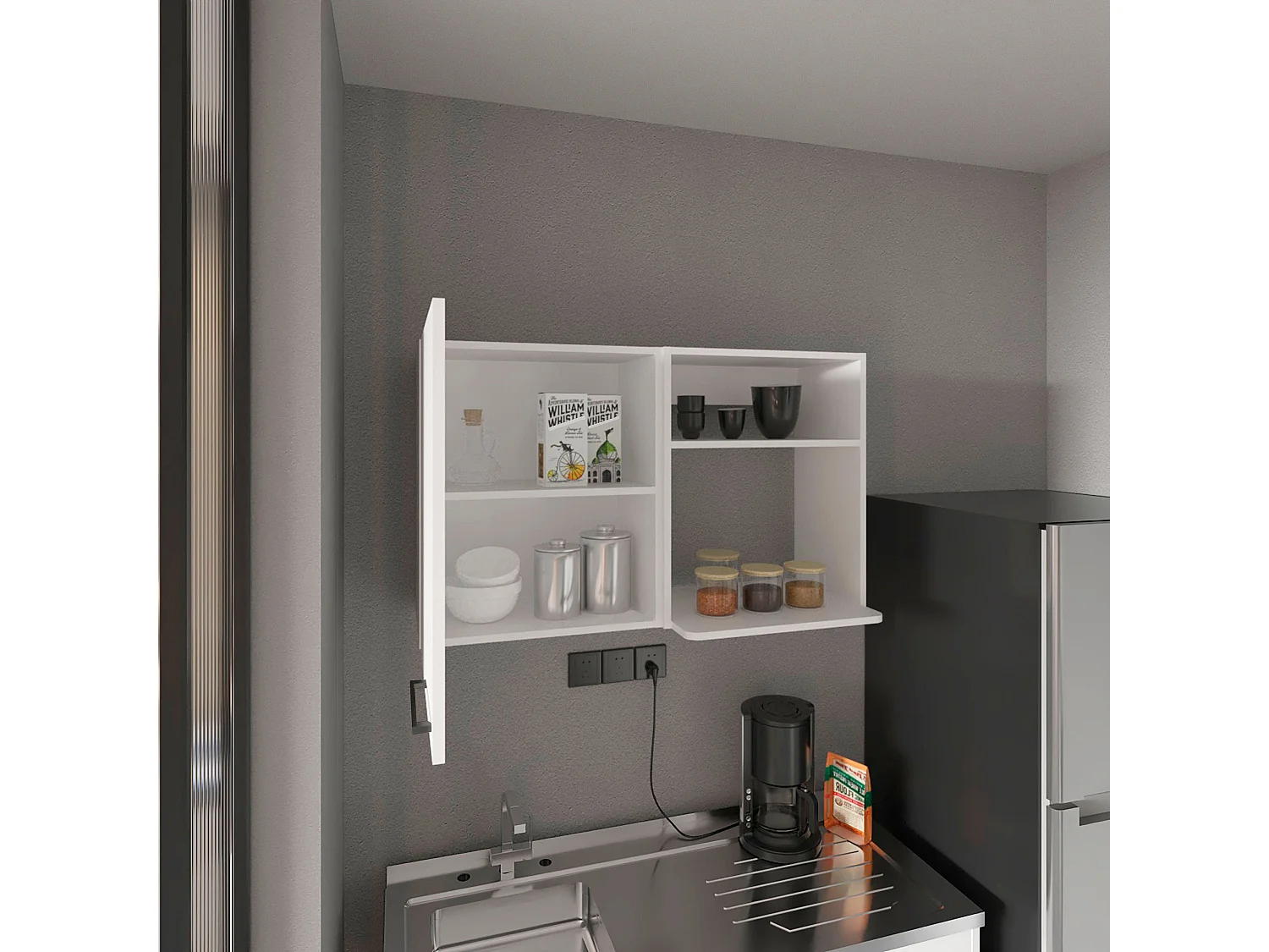 Armoire murale en mélamine Napoles, 2 étagères de rangement ouvertes, une porte, 60 cm X 100 cm X 40 cm , Blanc