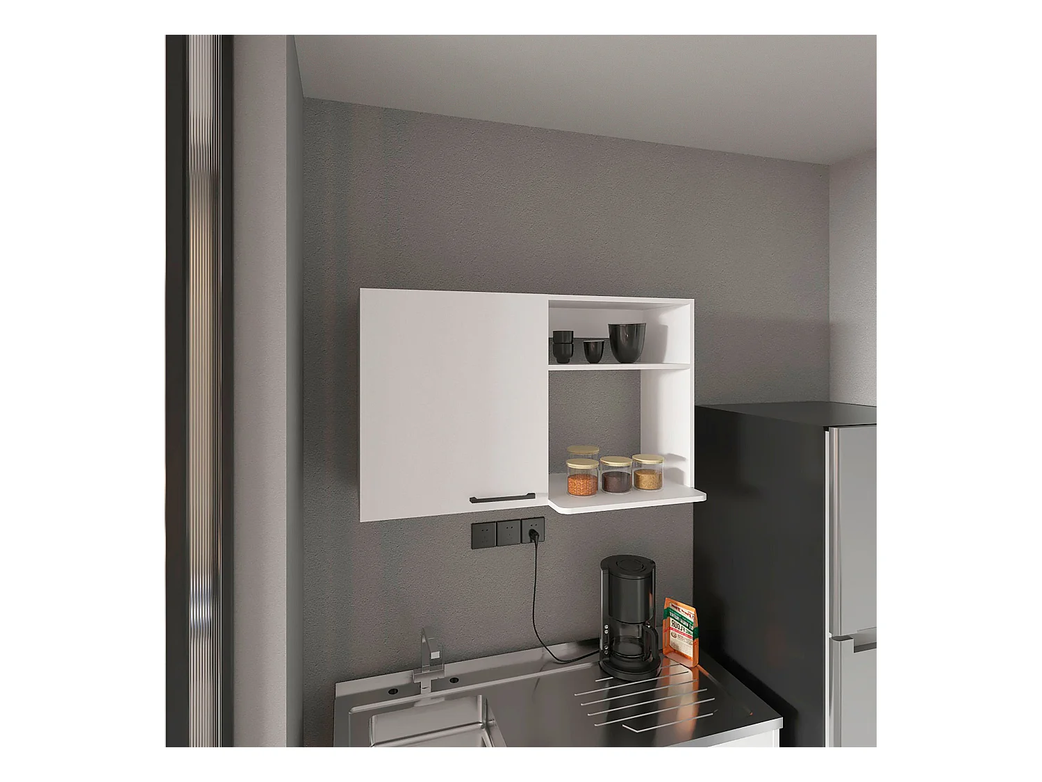 Armoire murale en mélamine Napoles, 2 étagères de rangement ouvertes, une porte, 60 cm X 100 cm X 40 cm , Blanc