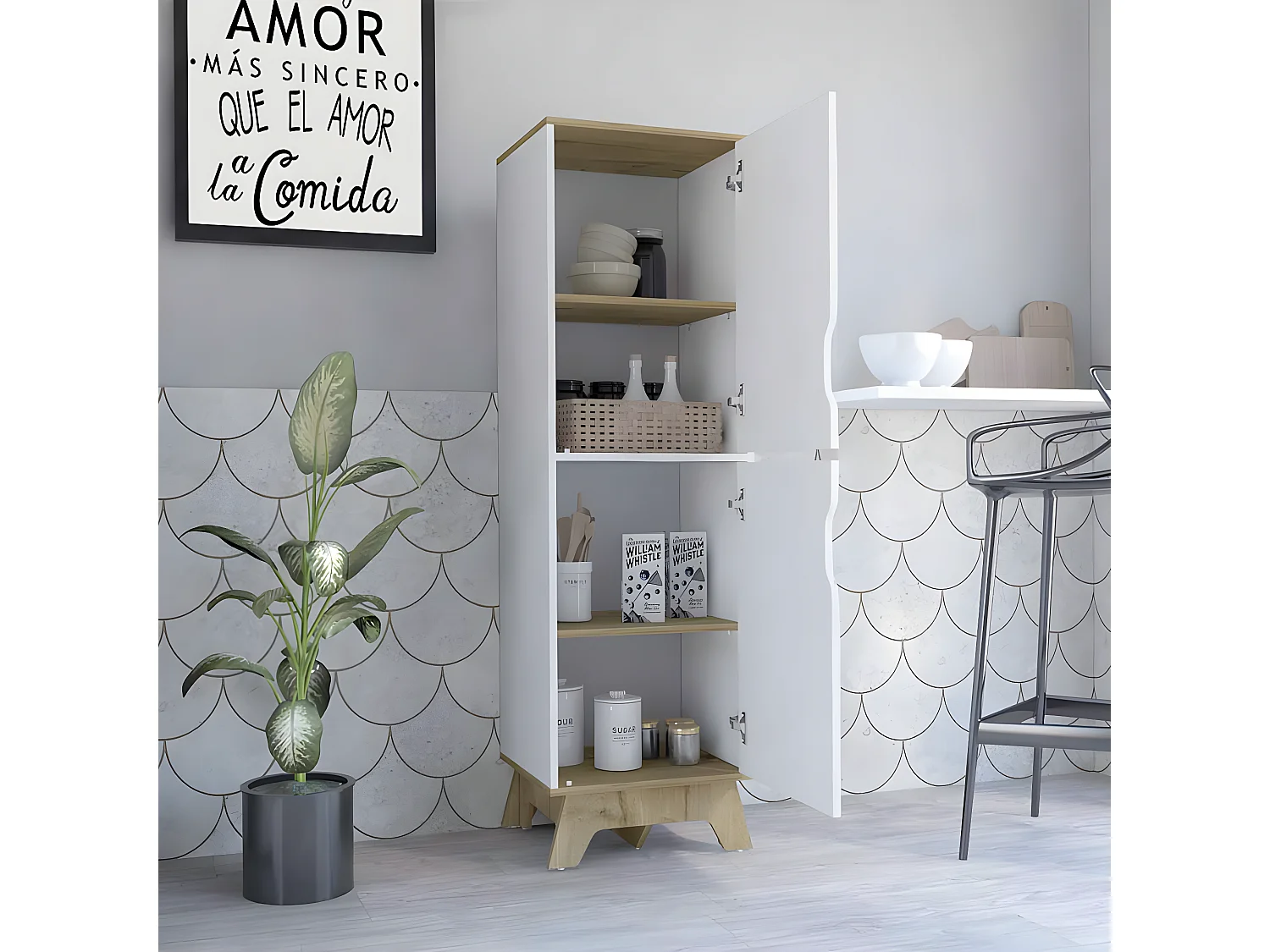 Mobile da cucina alto Pamplona in melamina con 4 ripiani e 2 ante , 150.62 cm X 44.95 cm X 39.87 cm , Multicolore