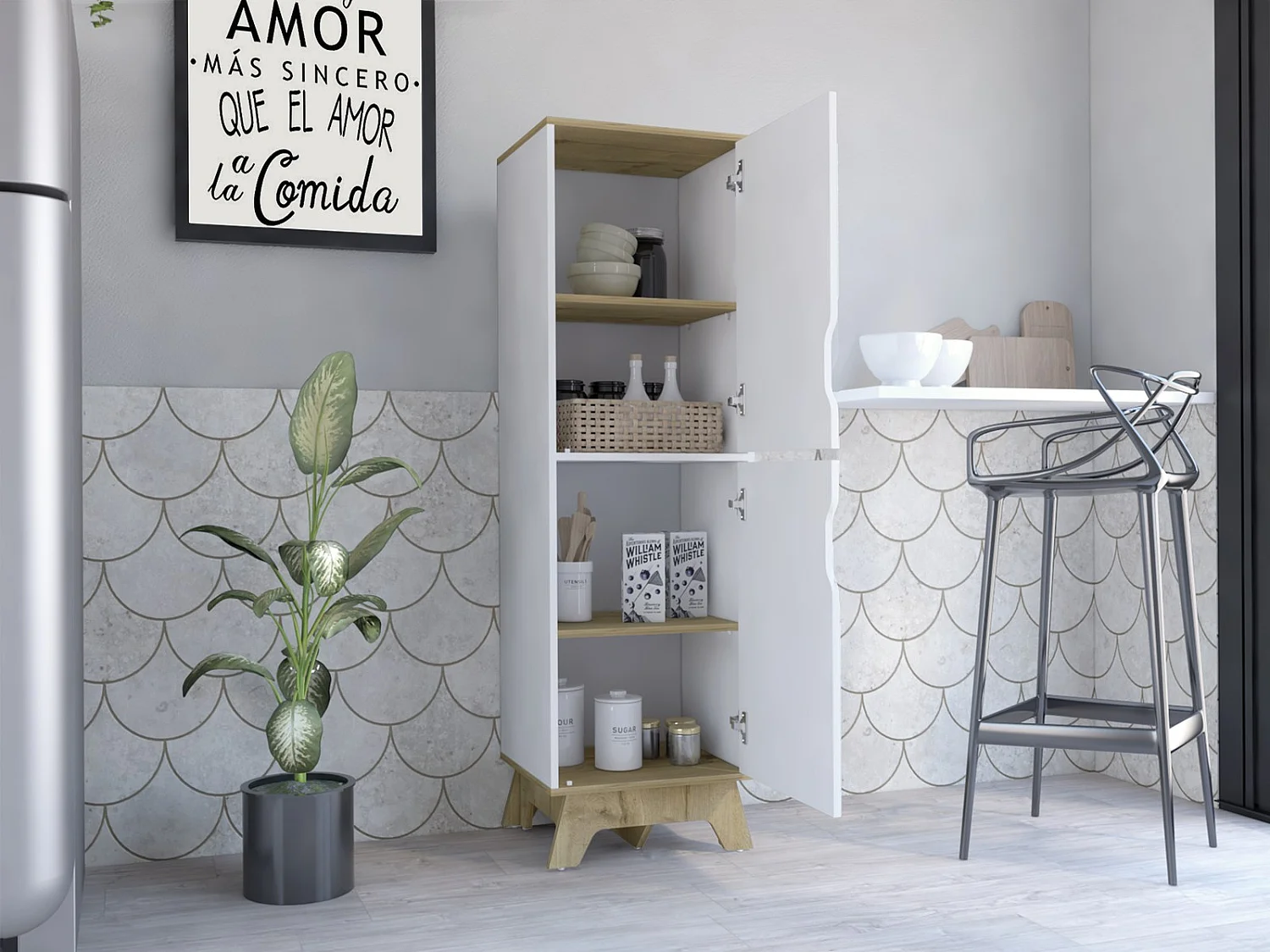 TUHOME CONCEPT Despensa de cocina Pamplona Single de 151 cm, roble arena y blanco