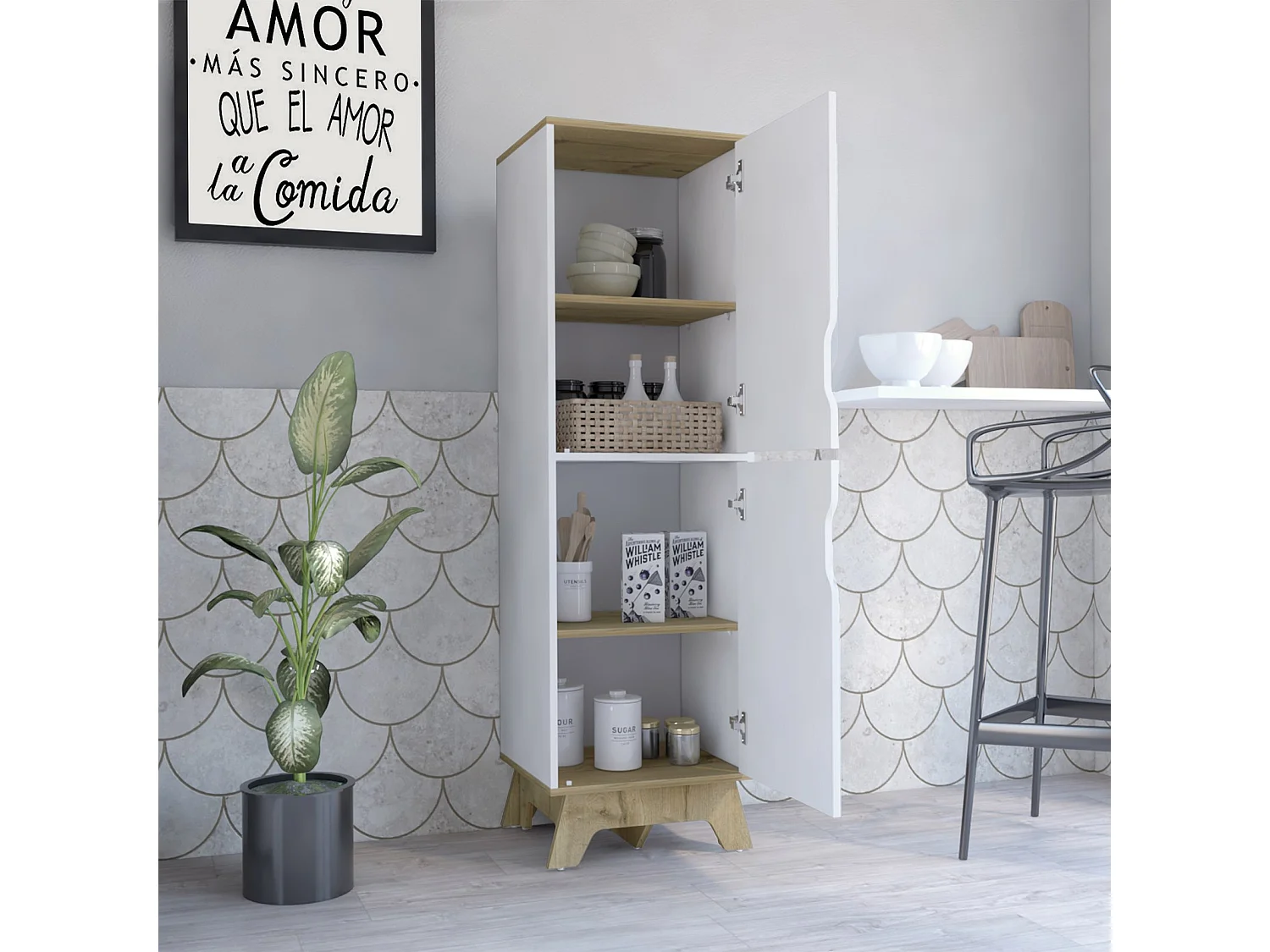 TUHOME CONCEPT Despensa de cocina Pamplona Single de 151 cm, roble arena y blanco