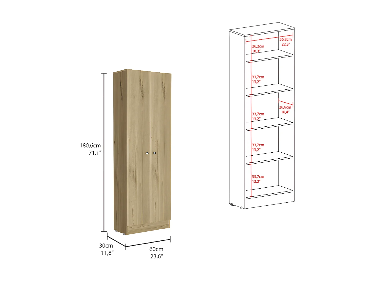 Z 60 Armadio multifunzionale in melamina, con due ante e ripiani interni, 180.59 cm X 59.94 cm X 29.97 cm, Beige
