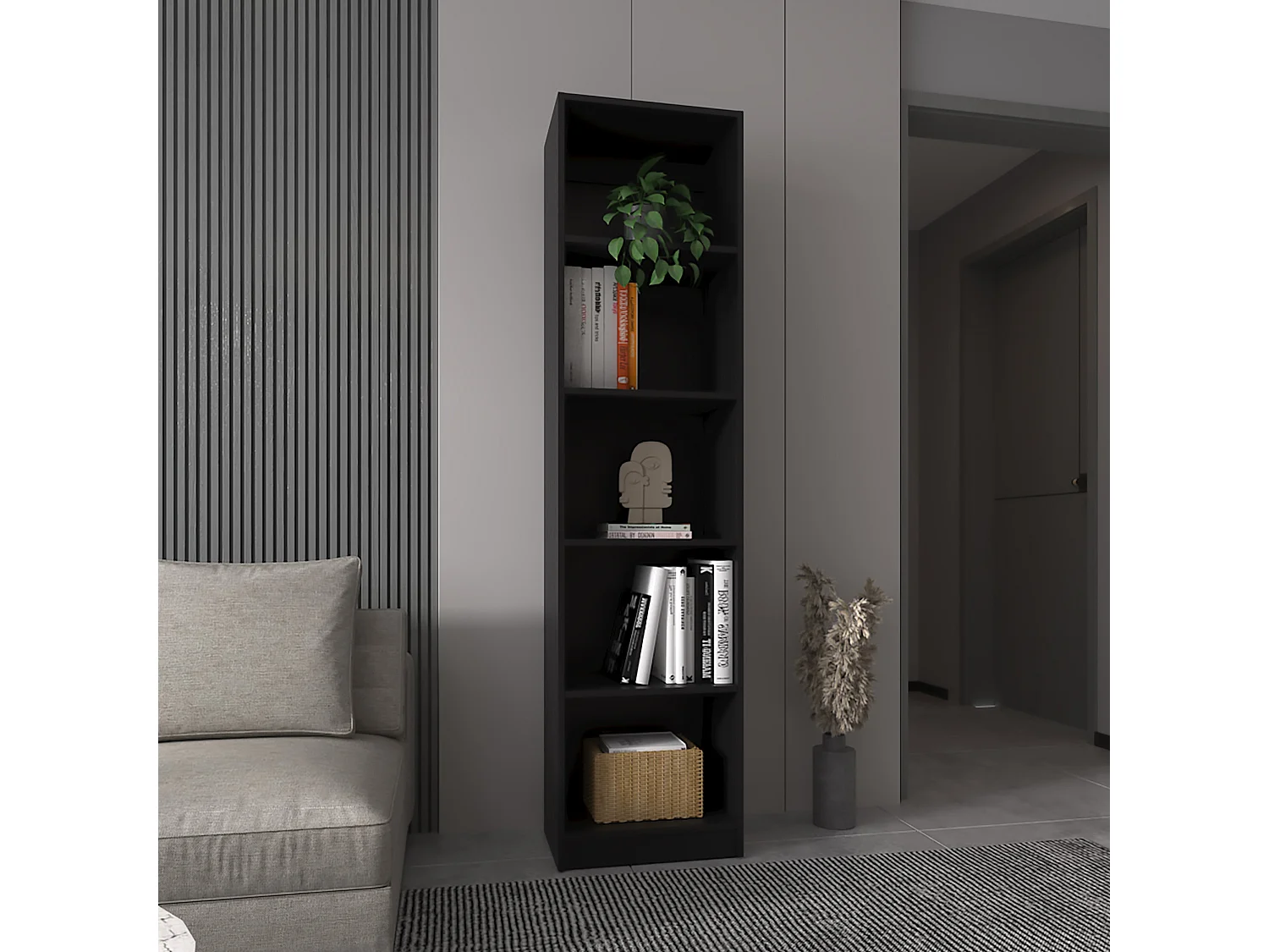 Librería Home Xs en Melamina, con estantes de 5 niveles y diseño delgado , 180.59 cm  X 45 cm  X 29.89 cm  , Negro