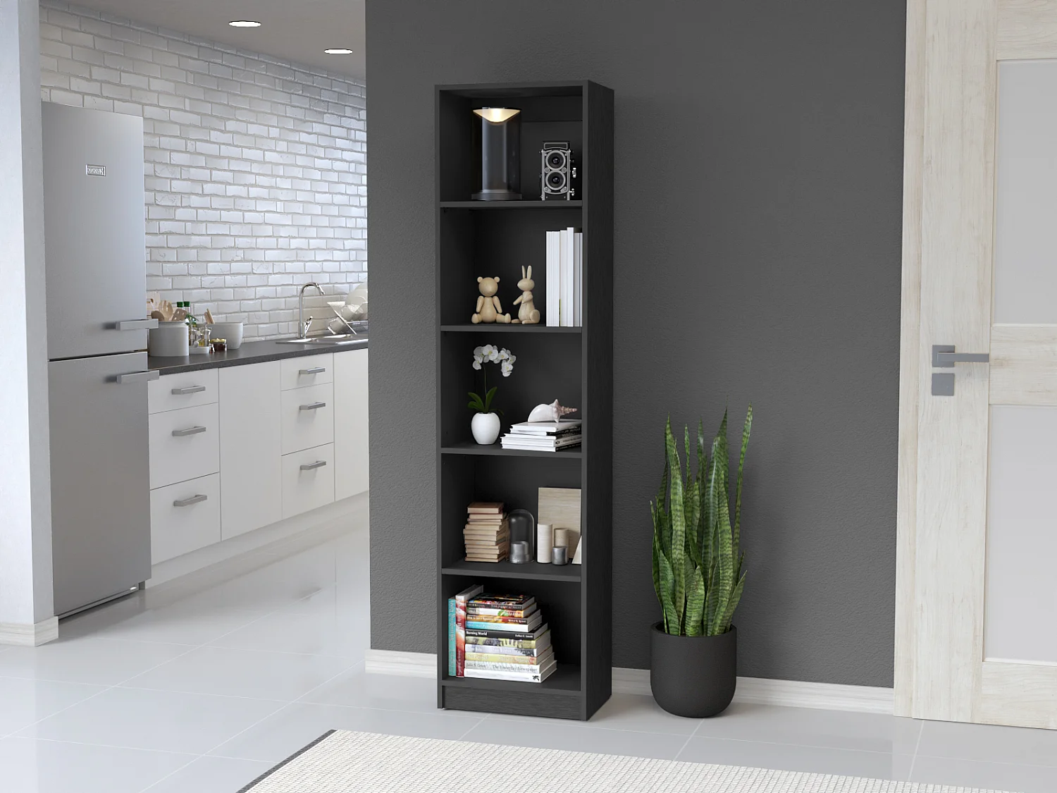 Librería Home Xs en Melamina, con estantes de 5 niveles y diseño delgado , 180.59 cm  X 45 cm  X 29.89 cm  , Negro