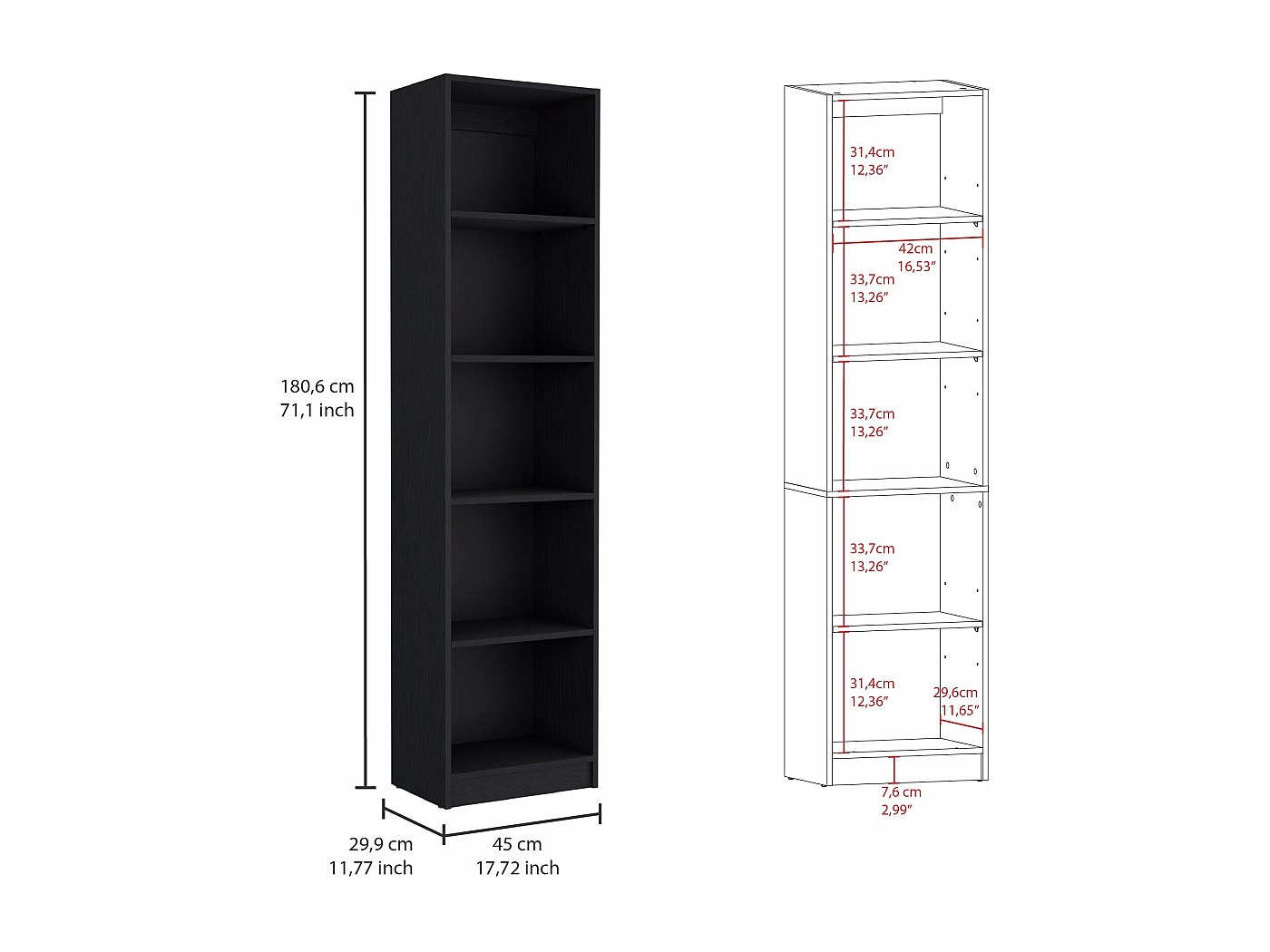 Libreria stretta 5 ripiani, Bianco e Rovere artisan